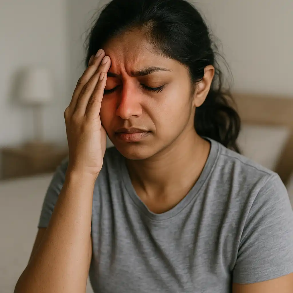 Woman pressing her forehead with visible facial tension and highlighted pain area, showing muscle fatigue and stress-related anxiety symptoms.