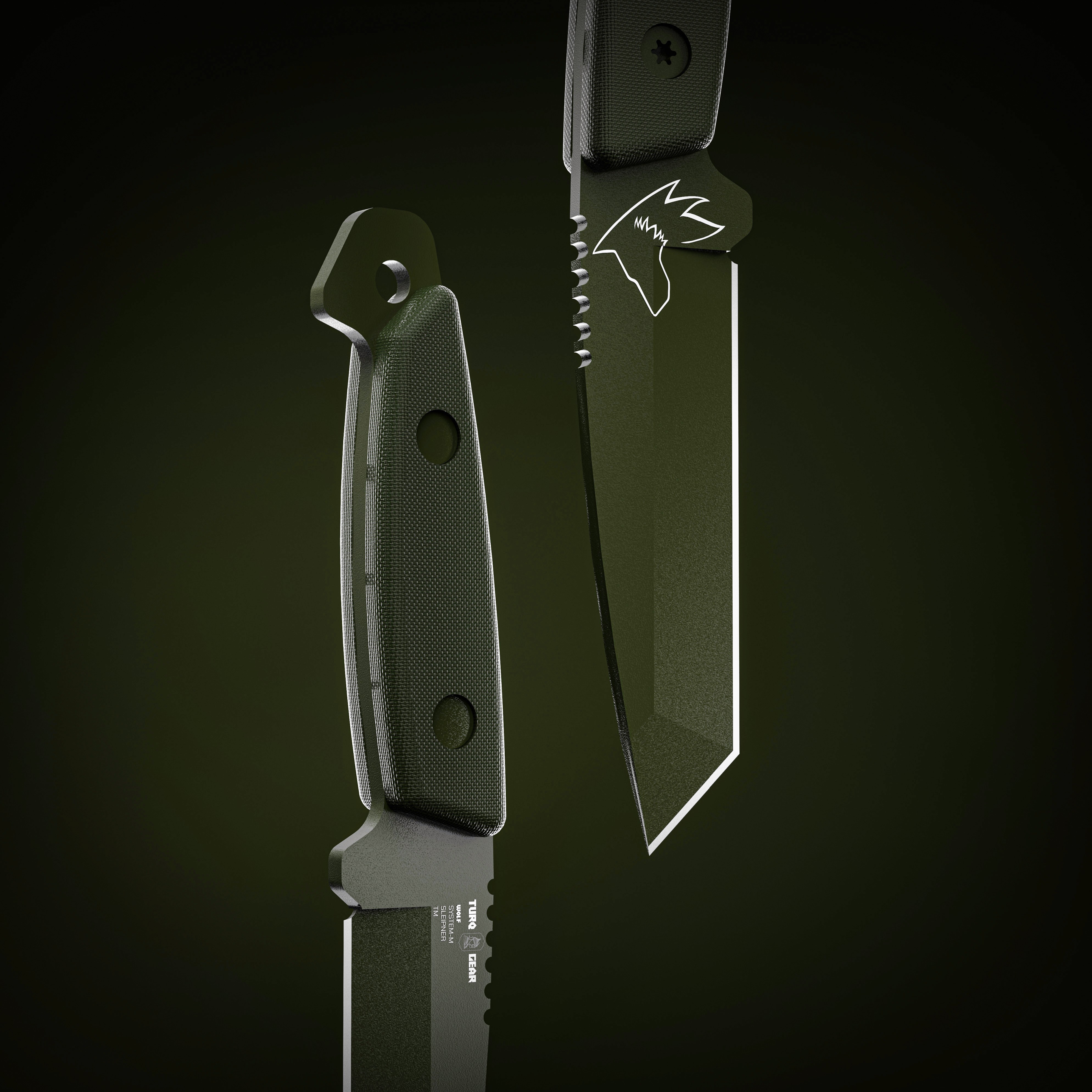 3D render of the Turq Gear 'Wolf' tactical knife in olive green. Showcasing the precision-milled handle texture, Sleipner steel blade, and the iconic wolf logo engraving. Part of the comprehensive visual identity and product design project for Turq Gear.