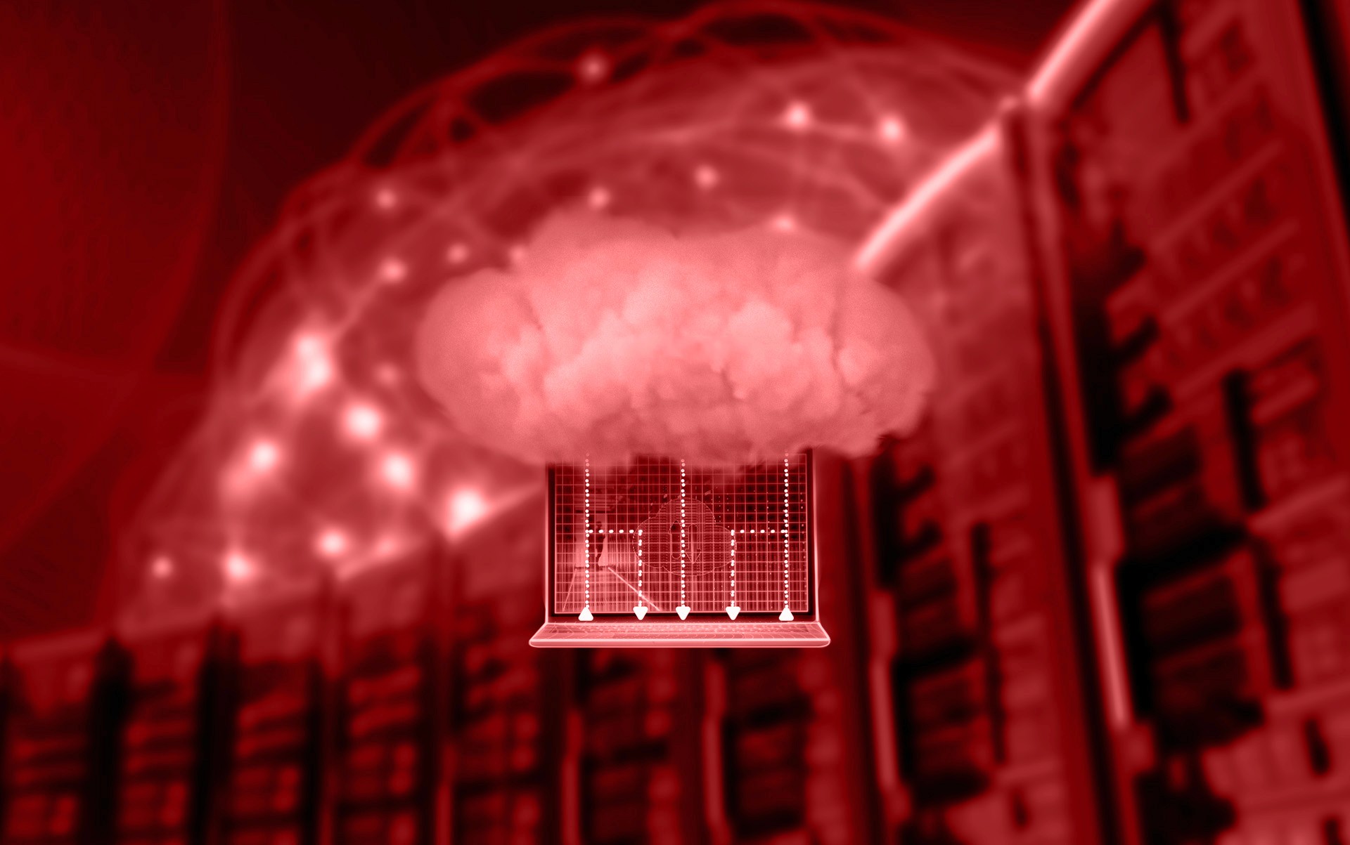 um datacenter com globo conexões e um notebook conectado a uma nuvem, tudo em vermelho