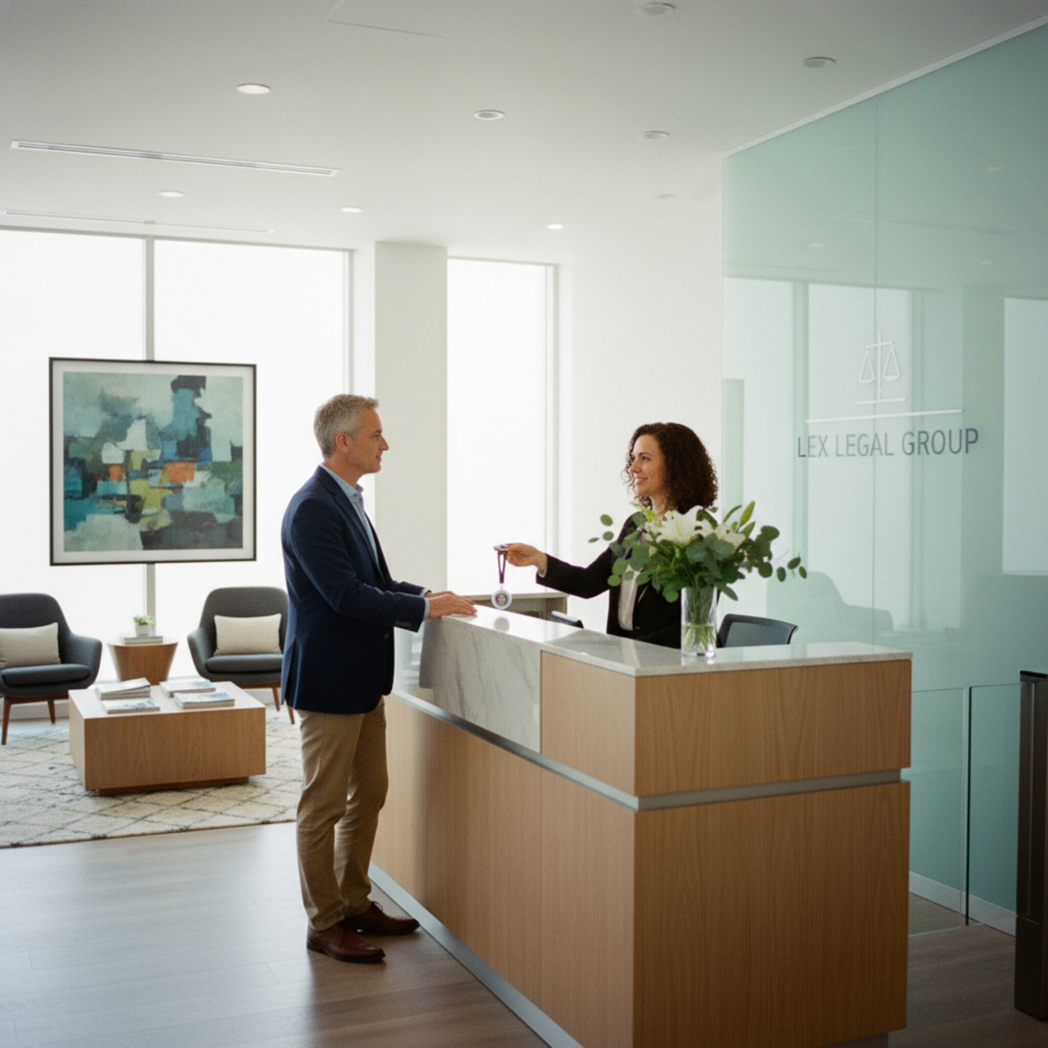 Der Empfang einer Kanzlei in freundlichem Licht. Eine Mitarbeiterin begrüßt einen Besucher mit einem Lächeln und überreicht einen kleinen Ausweisclip. Ein sauberer Tresen mit frischen Blumen, im Hintergrund ein ruhiger Wartebereich mit Magazinen. Die Szene vermittelt Professionalität, Verlässlichkeit und einen strukturierten Ablauf.