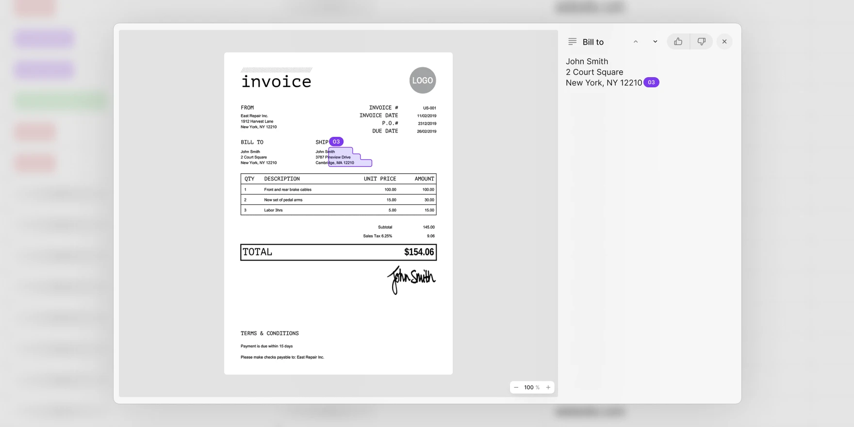 AI citation for infomation extracted from an invoice