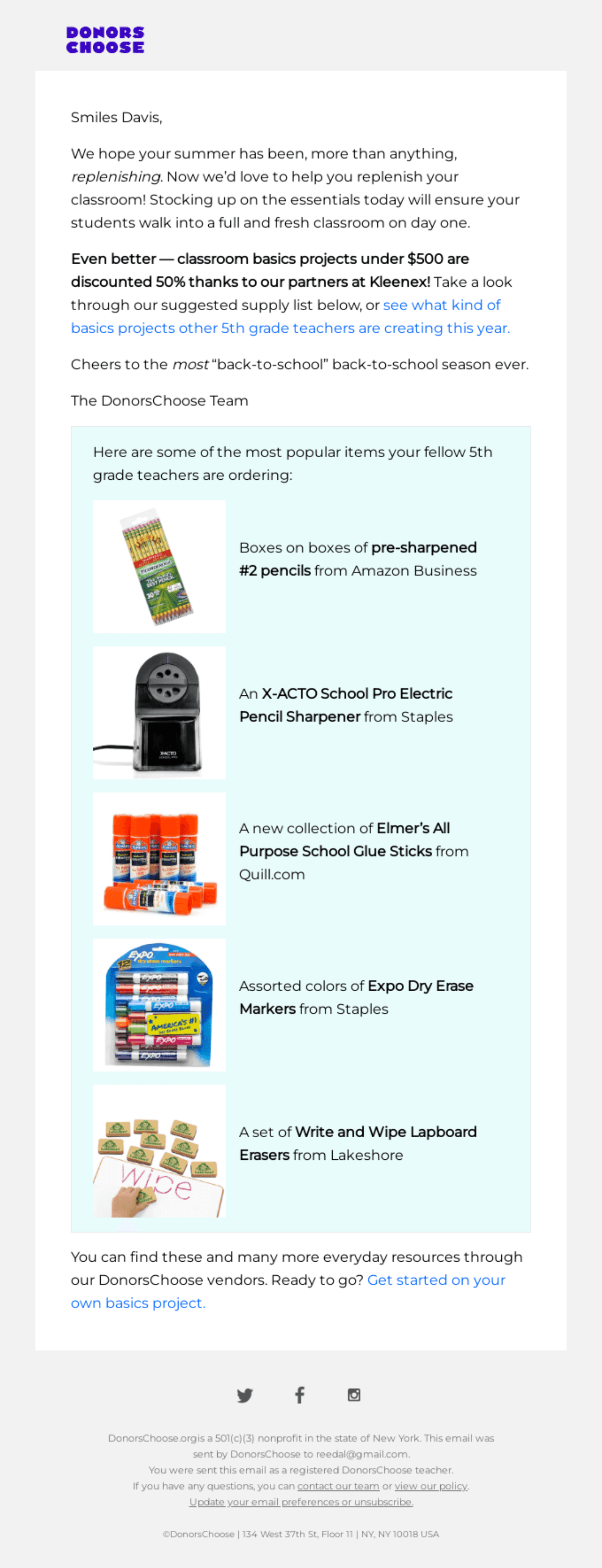 DonorsChoose.png – An email from DonorsChoose prompting teachers to restock classroom essentials, featuring discounted supplies and a CTA to start a new basics project.