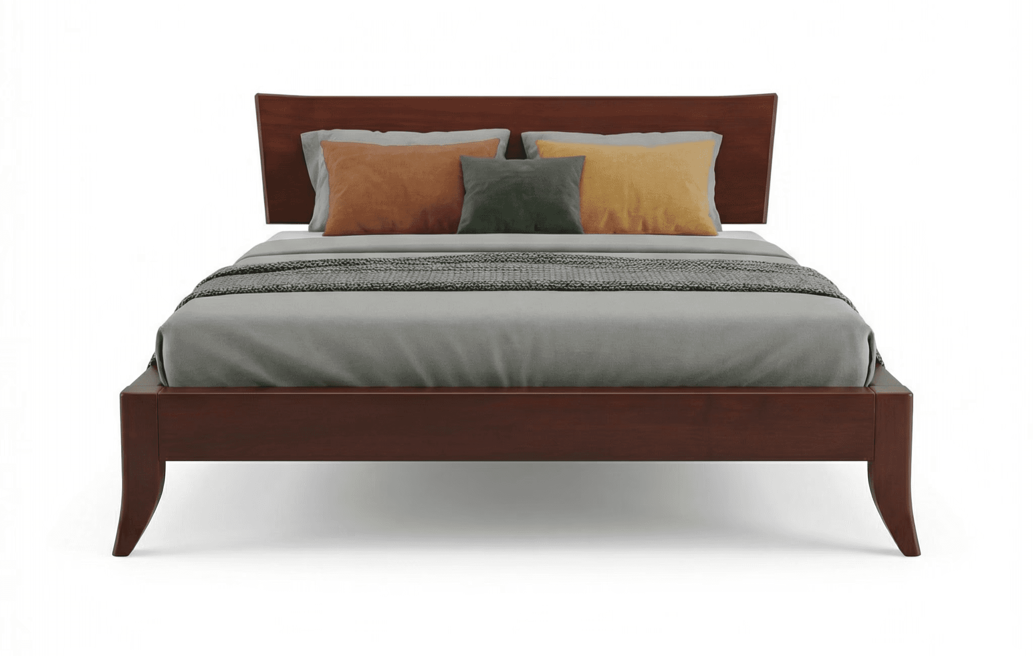 Low wooden bed with open base, straight headboard, and simple geometry
