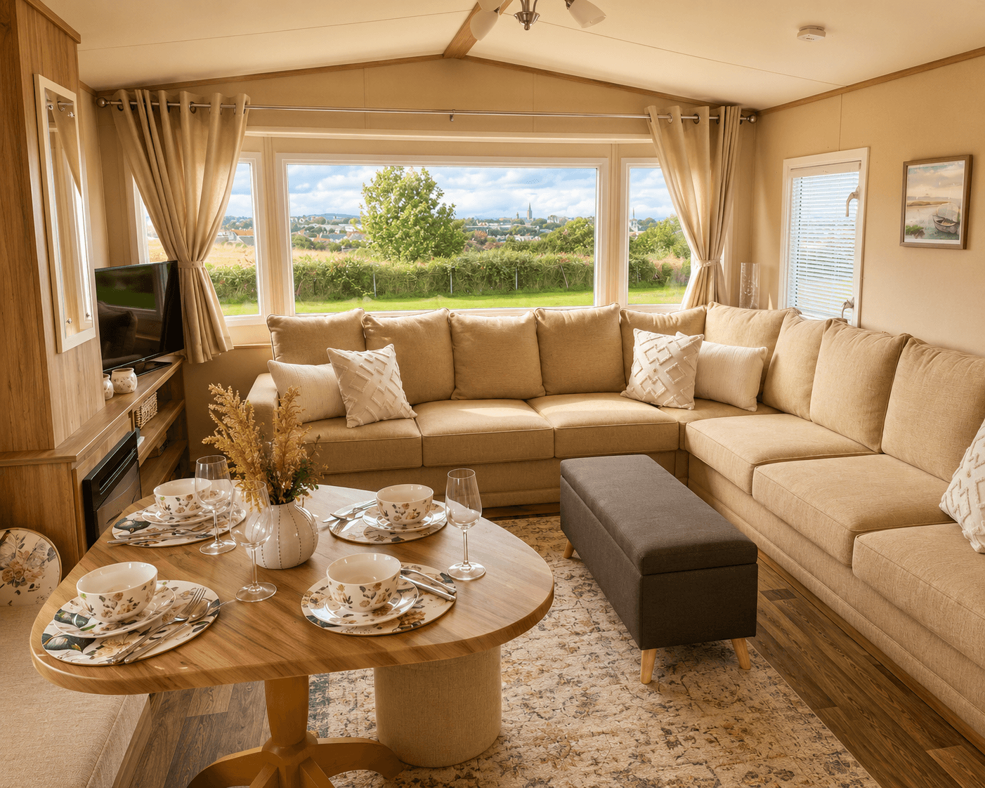 1 Harbour Reach's living room, cosy corner couch with coffee table all set for a relaxing morning