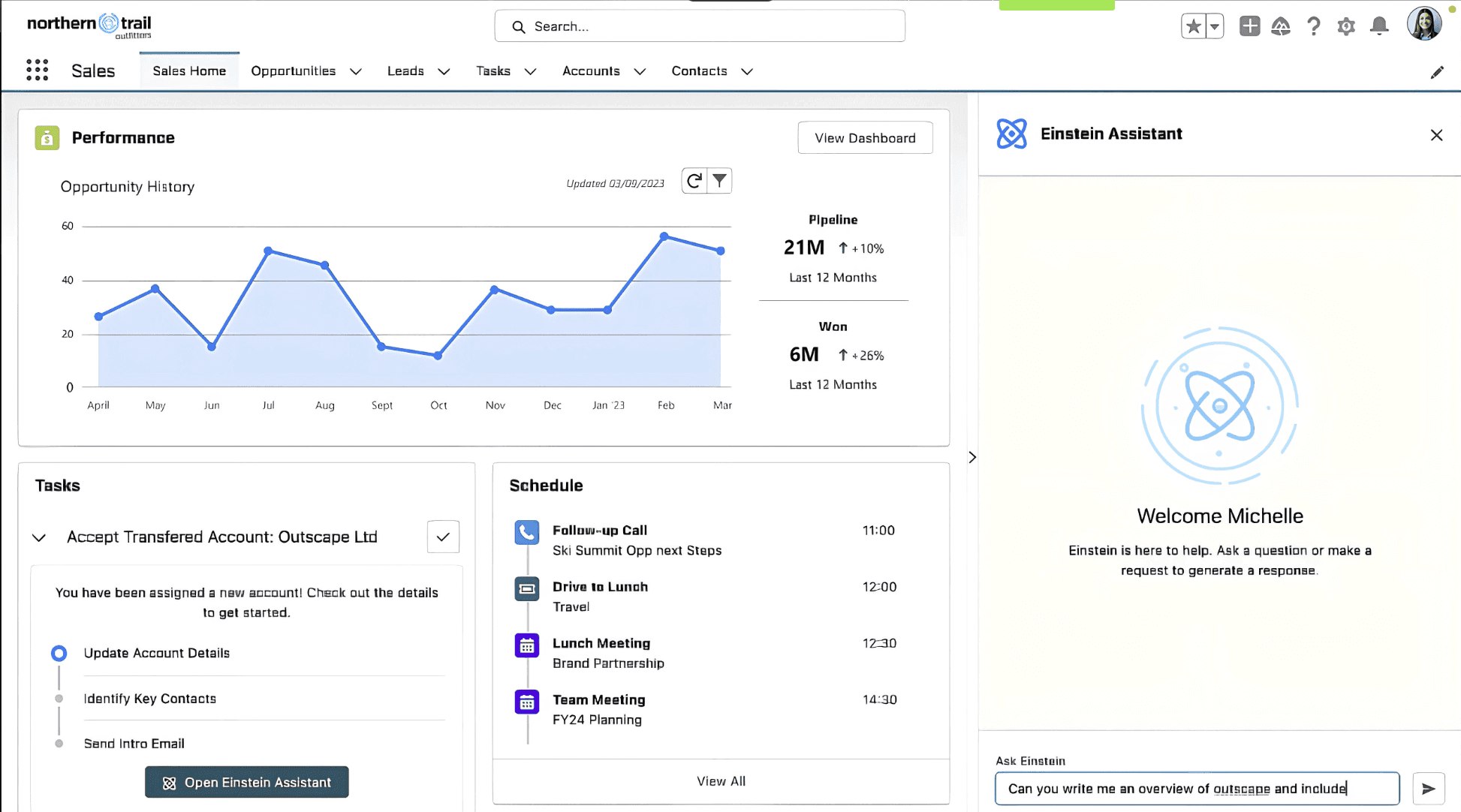The Salesforce CRM interface showing the integration of AI. The screen displays standard sales widgets like 'Performance' and 'Schedule' alongside the Einstein Assistant chat panel, where a user is actively interacting with the AI to generate text