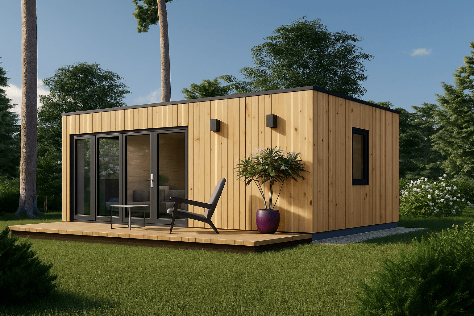 Stijlvol tuinkantoor met plat dak en grote ramen in groene tuinomgeving in Groningen