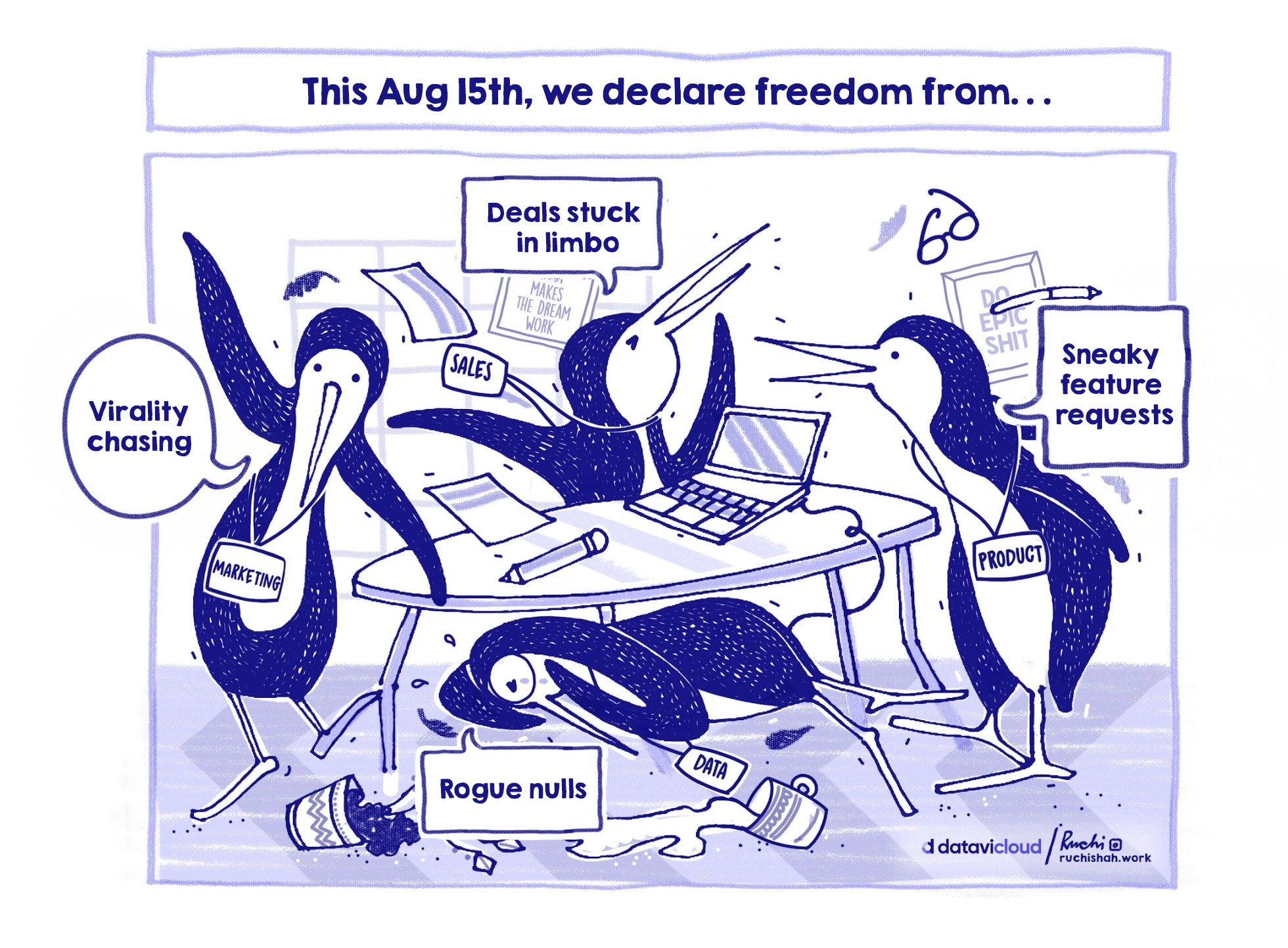 B2B sales humor cartoon showing penguins at frozen desks to illustrate the "ICE Age" of static Ideal Customer Profiles and incredibly cold prospects in outdated sales sequences.