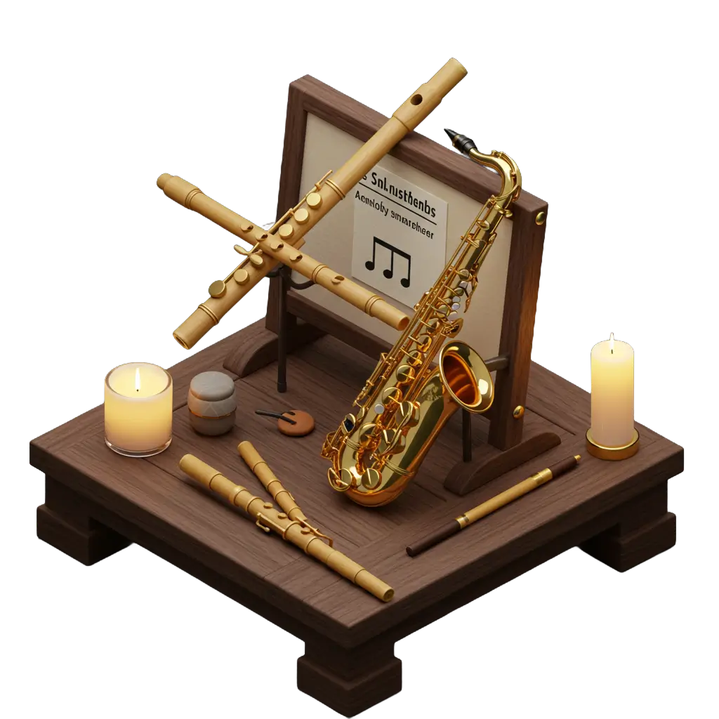 A detailed, artistic arrangement features both a golden saxophone and several wooden baroque flutes displayed on a polished wooden platform. The saxophone and flutes are positioned to cross each other, symbolizing the blend of jazz and classical music traditions. An open music stand in the background displays a sheet with musical notes, emphasizing professionalism and musicianship. Two lit candles and small containers add a warm, refined ambiance, evoking the atmosphere of a sophisticated music studio or performance space. This composition represents a professional musician skilled in both jazz saxophone and baroque flute performance.