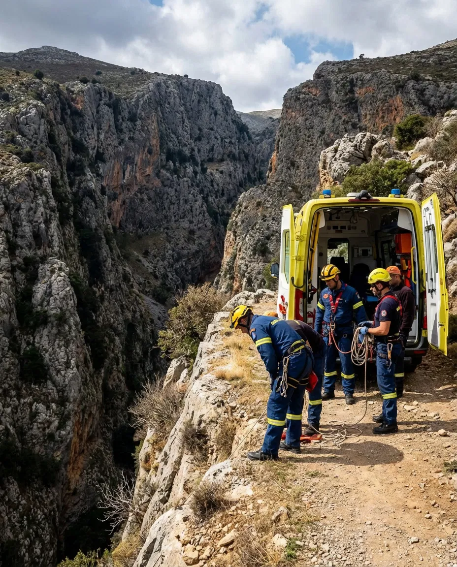 Rescue workers near a steep rocky ravine in the mountainous region of Crete.