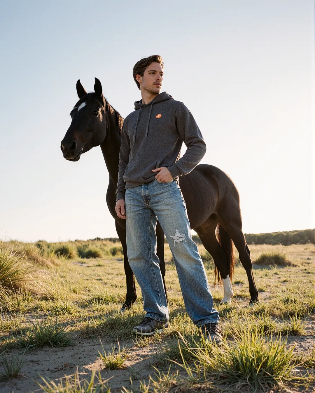 A person in gray hoodie and distressed jeans stands beside a black horse in an open field during golden hour sunlight