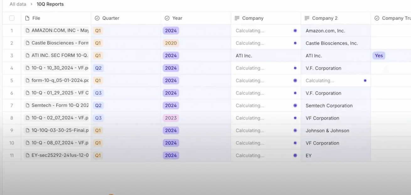 Table of 10Q reports with File, Quarter, Year, Company, and Company 2 columns.