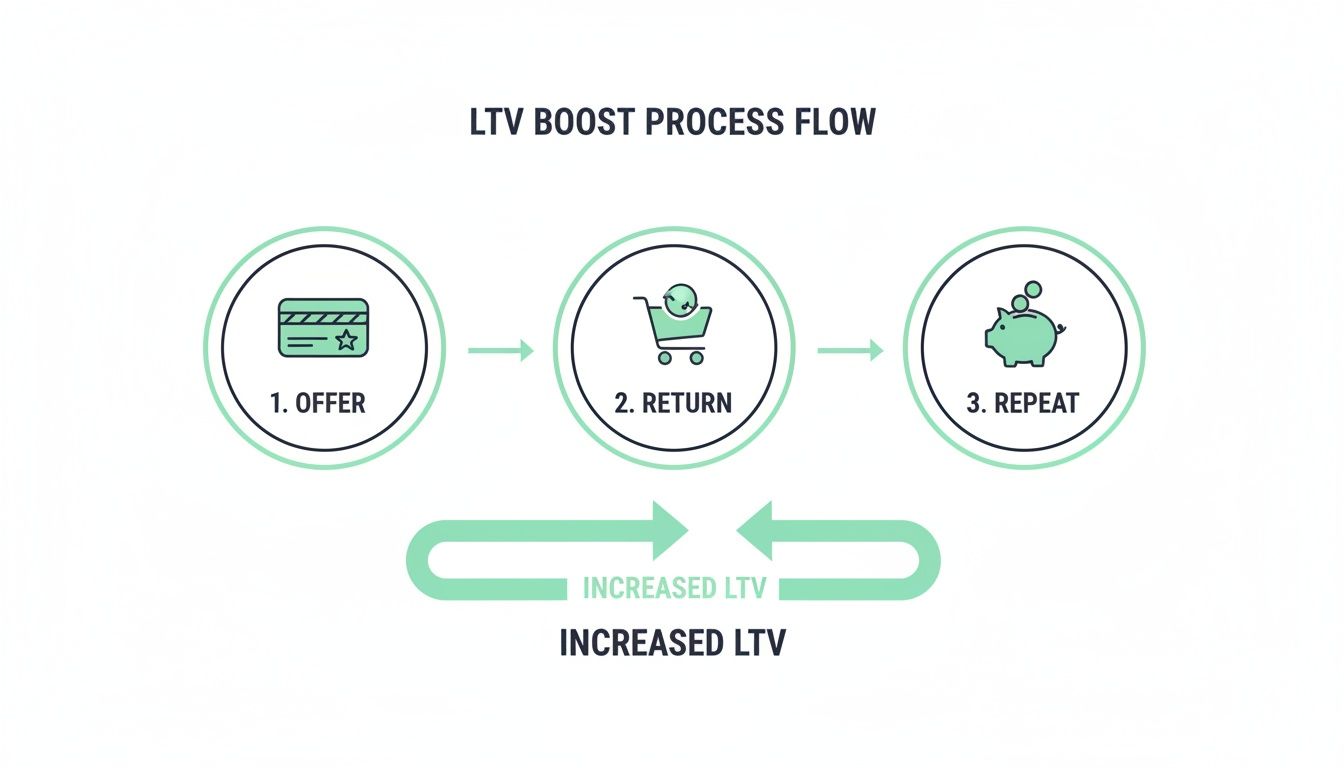 Process flow diagram illustrating three steps: 1. Offer, 2. Return, and 3. Repeat, leading to increased LTV.
