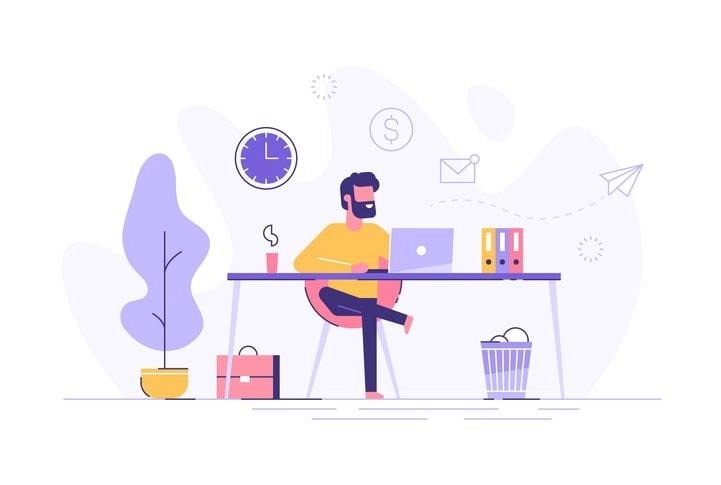 A person is working on a laptop in a cozy home office, surrounded by plants and sipping coffee, embodying the lifestyle of an independent contractor who enjoys the freedom to set their own schedule while managing various administrative tasks. The setup highlights the importance of a reliable internet connection and excellent communication skills for remote work success.