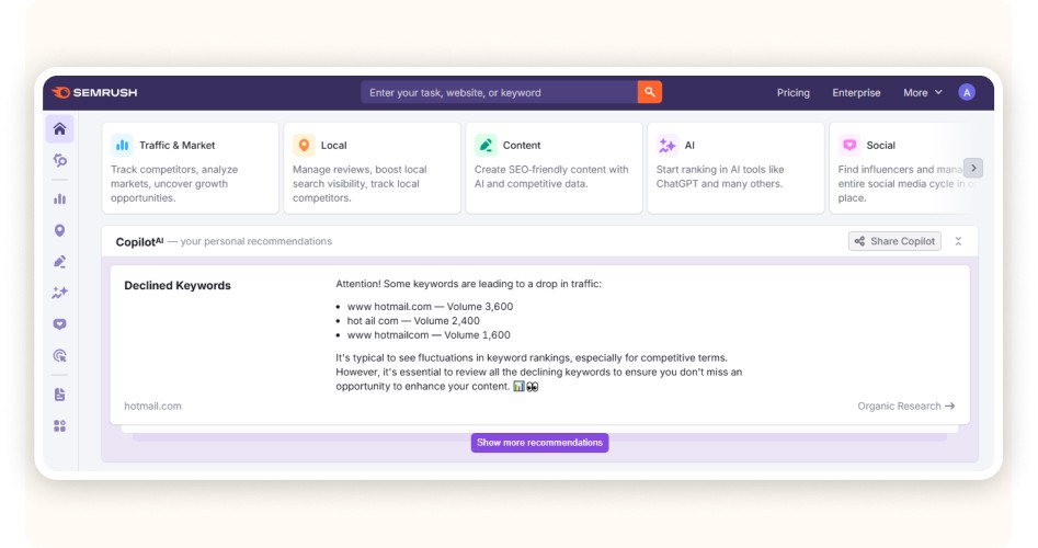 SEMrush dashboard with traffic tools