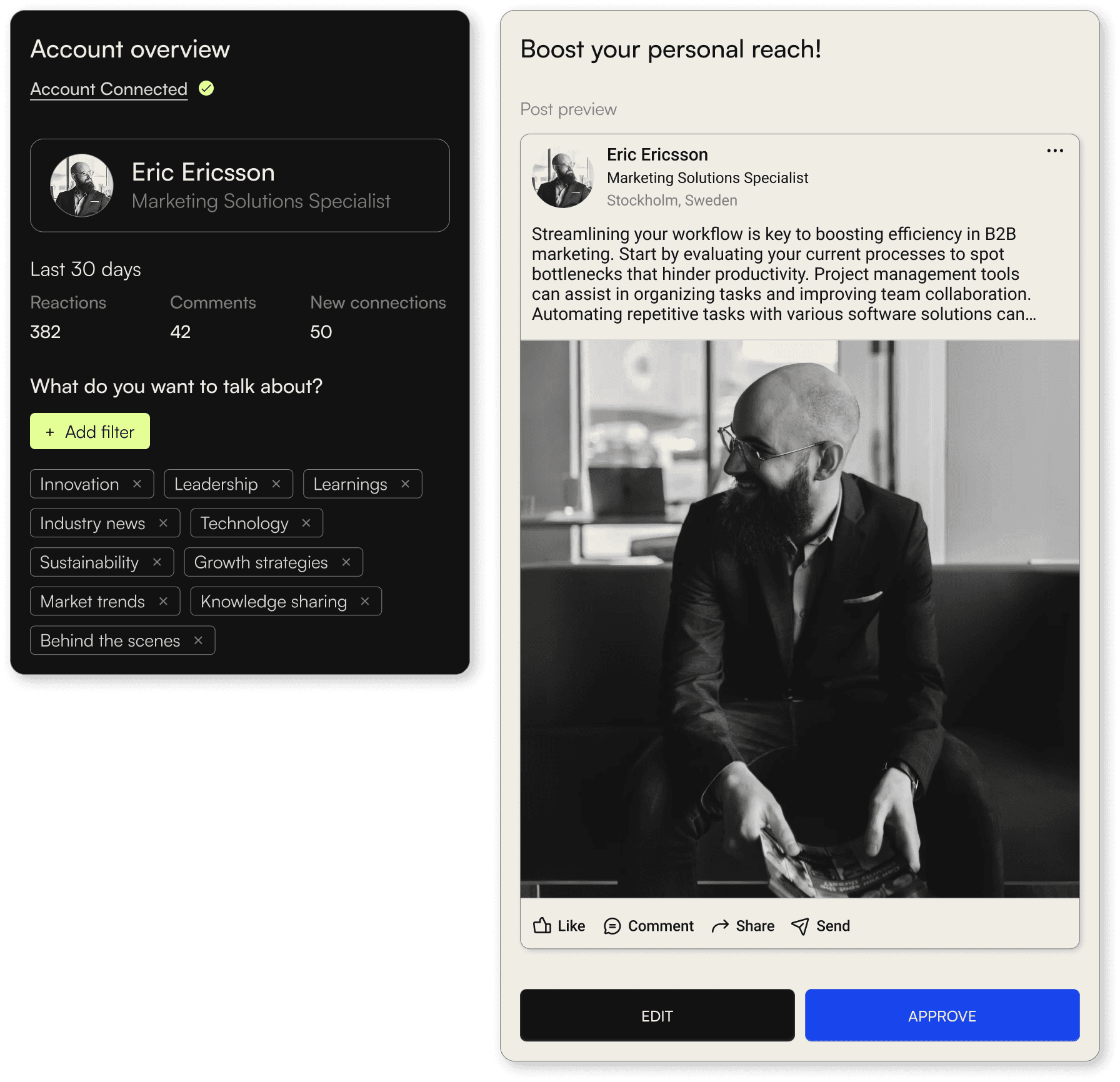 A user interface showing an account overview panel and a post preview with a profile photo, text content, and action buttons.