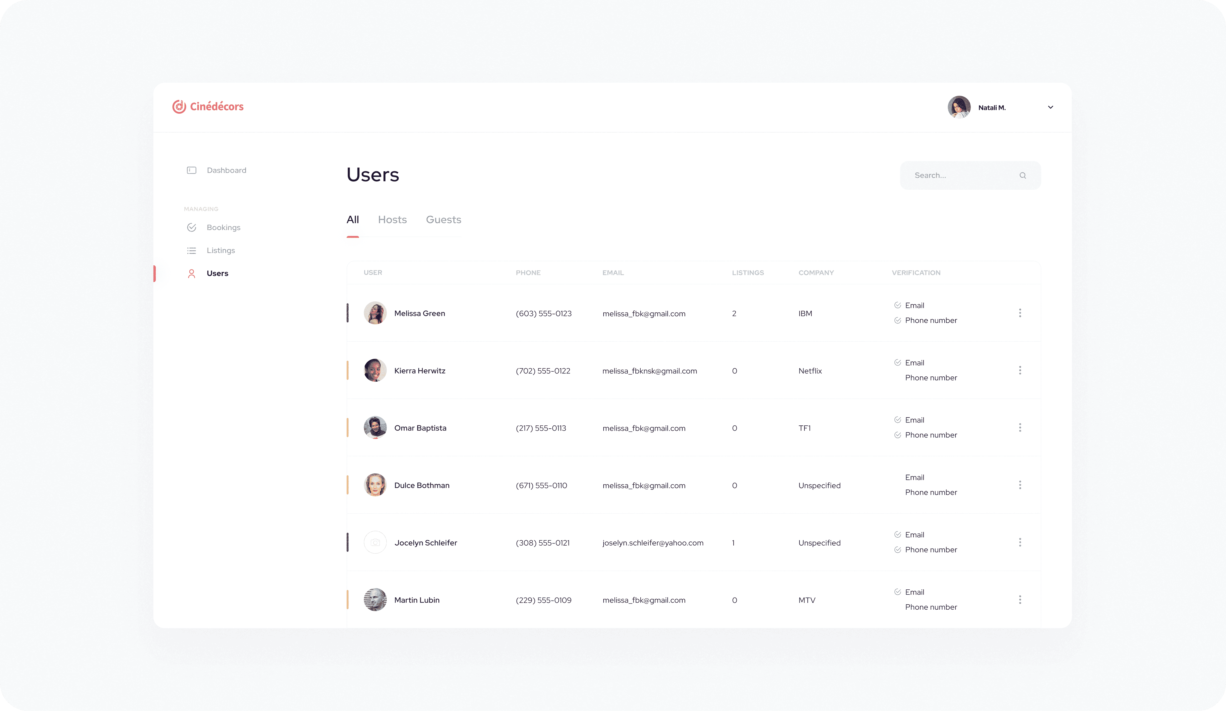 User management dashboard for Cinédecors platform. The screen lists users categorized into All, Hosts, and Guests. Each user entry includes a profile picture, name, phone number, email address, number of listings, associated company, and verification status (email and phone number). The users displayed are Melissa Green from IBM, Kierra Herwitz from Netflix, Omar Baptista from TF1, Dulce Bothman with an unspecified company, Jocelyn Schleifer with an unspecified company, and Martin Lubin from MTV. A search bar is visible on the top right, and the left sidebar includes navigation links for Dashboard, Bookings, Listings, and Users.