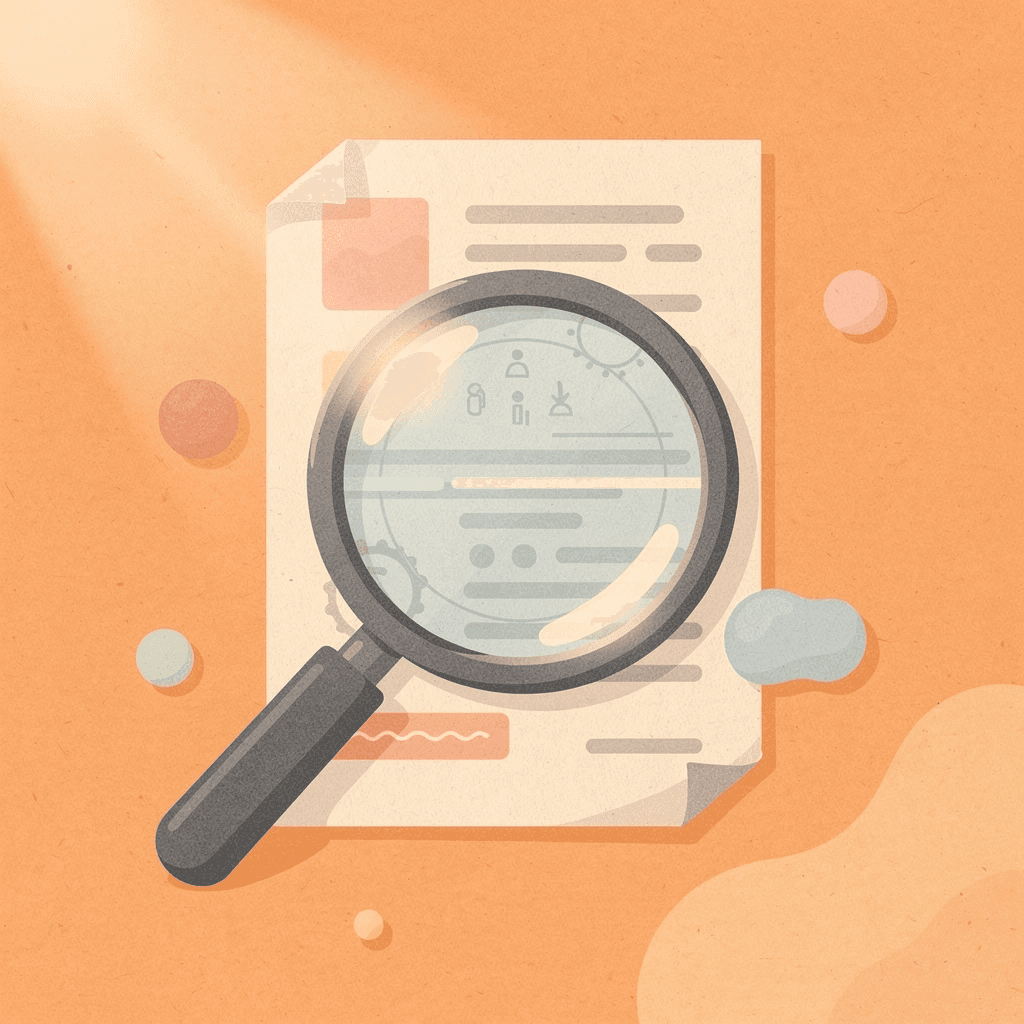 Magnifying glass examining complex technical elements