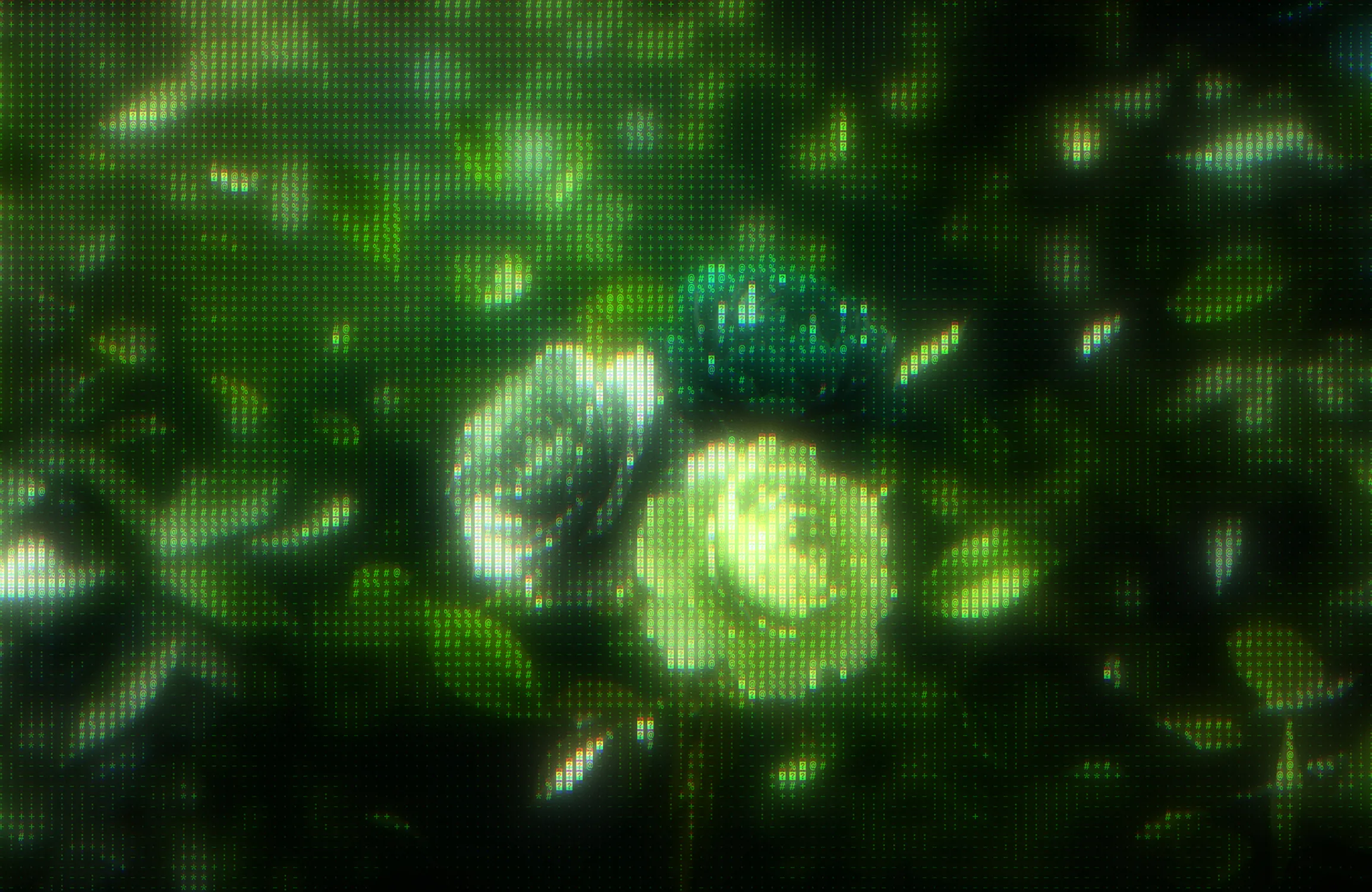 Abstract green composition with soft focus and glowing light effects, resembling organic shapes or foliage under diffused light.