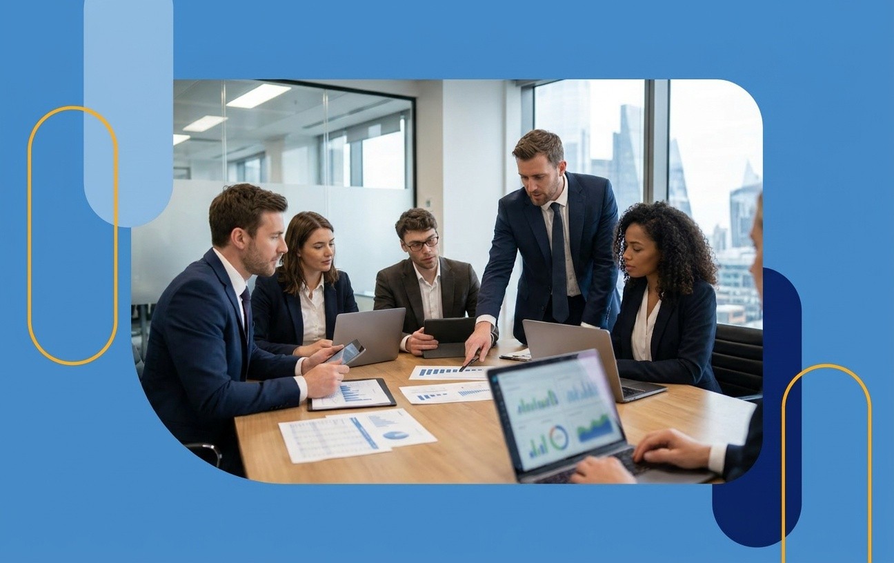 A team of Amazon agency experts in a boardroom meeting discussing strategies for 1P Vendor profit recovery and mitigating FBA fuel surcharges, framed by abstract blue and yellow shapes.
