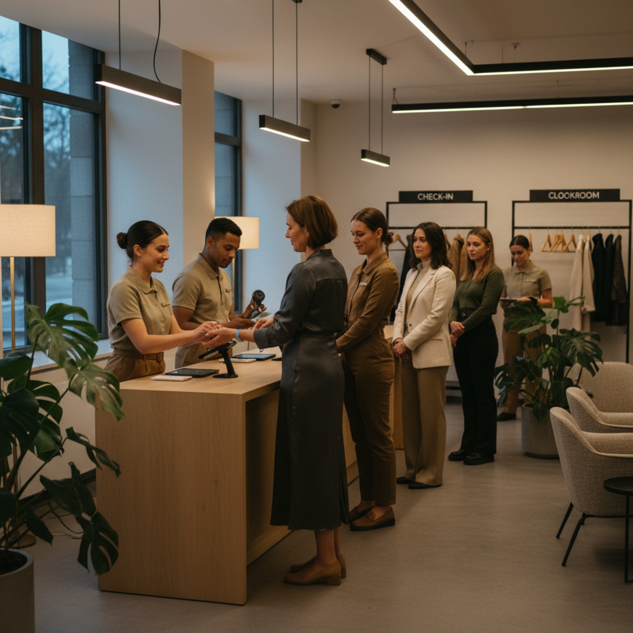 Am Eingang eines Club-Events begrüßt das Team eintreffende Mitglieder und legt dezente Einlassbänder an. Die Garderobe läuft ruhig, Gespräche klingen gedämpft. Eine warme Beleuchtung schafft Vertrauen. Der Ablauf wirkt zügig, respektvoll und strukturiert.
