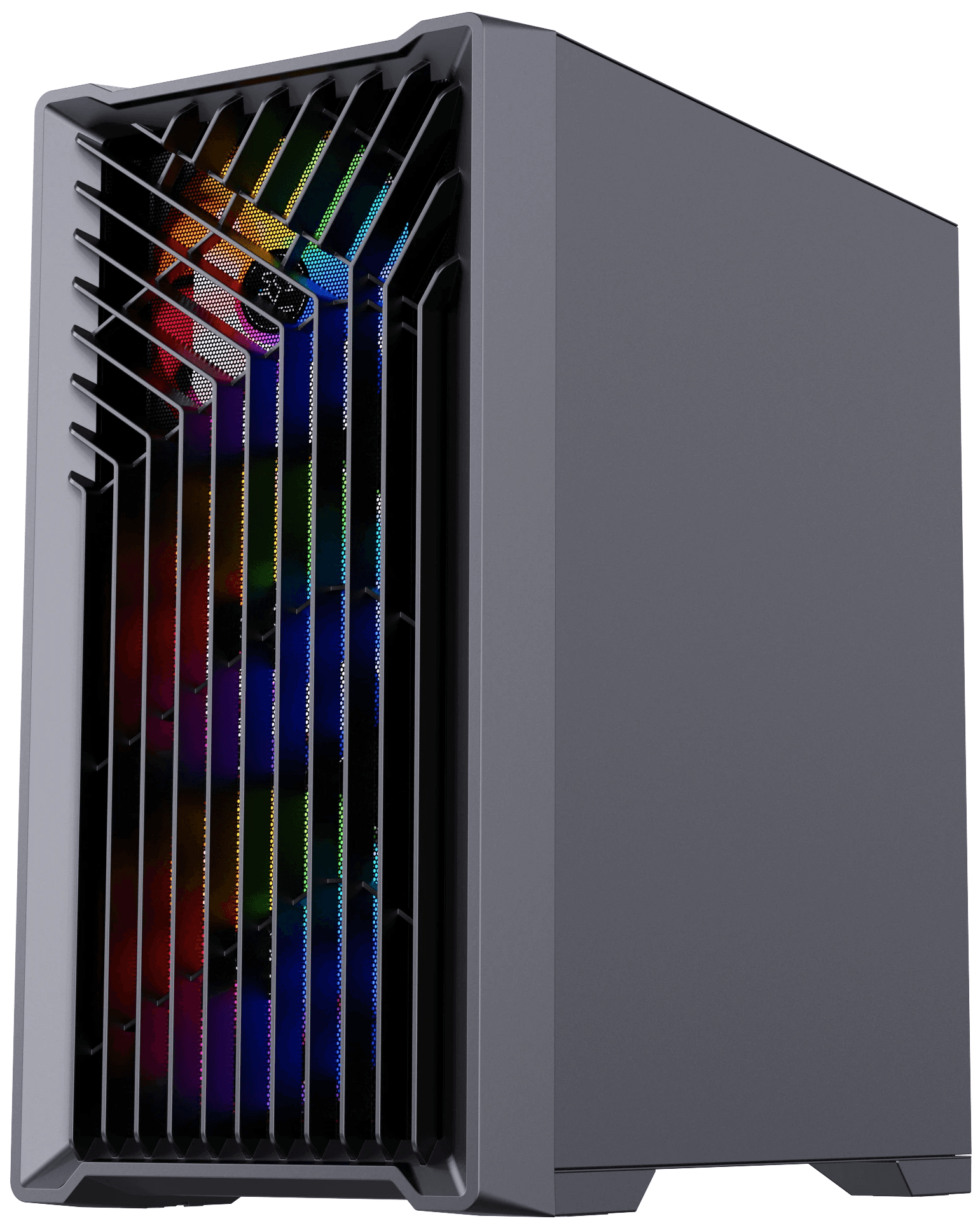 A high-performance 2023 gaming PC build with a sleek, dark chassis and an illuminated front panel featuring vibrant, multi-colored vertical slats that enhance its aesthetic appeal. This setup is showcased from a side angle, emphasizing the powerful internal components visible through the transparent side panel, including RGB fans and top-tier gaming hardware. This PC is ideal for both intensive gaming and advanced machine learning tasks, equipped with the latest NVIDIA GPU and an Intel i7 processor, supported by 16GB of RAM. It represents the pinnacle of gaming builds for those seeking the ultimate in performance and style.