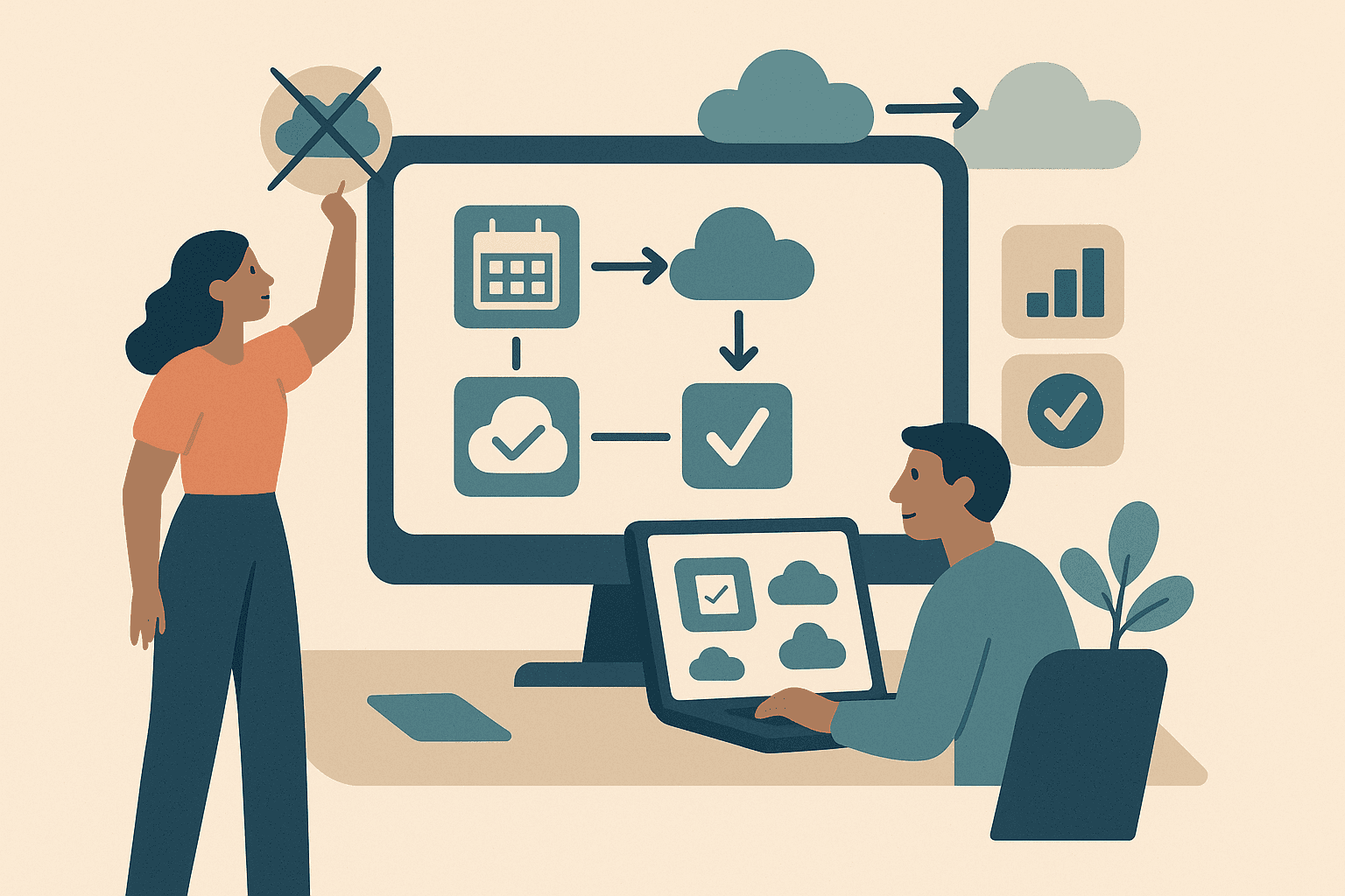 Illustration of nonprofit staff simplifying digital tools on a shared screen, symbolizing organized systems and reduced tech clutter.