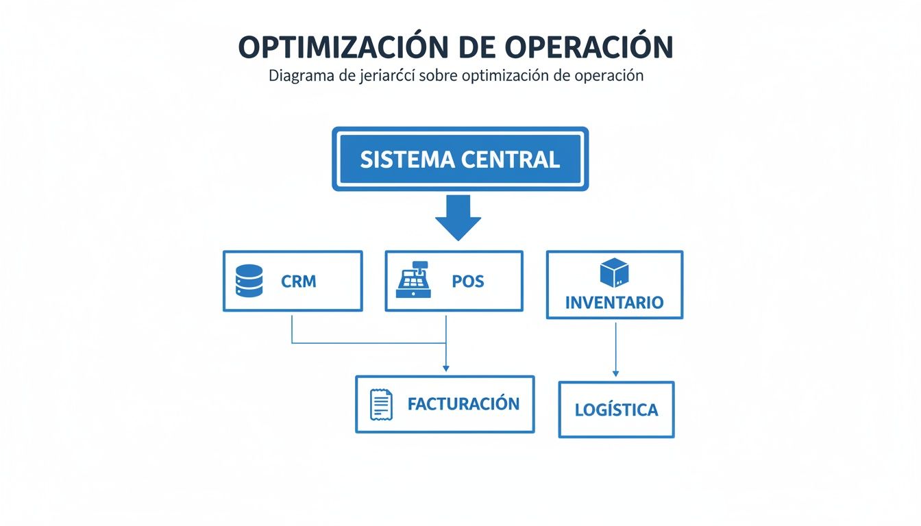 Diagrama de jerarquía de optimización de operación mostrando Sistema Central, CRM, POS, Inventario, Facturación y Logística.