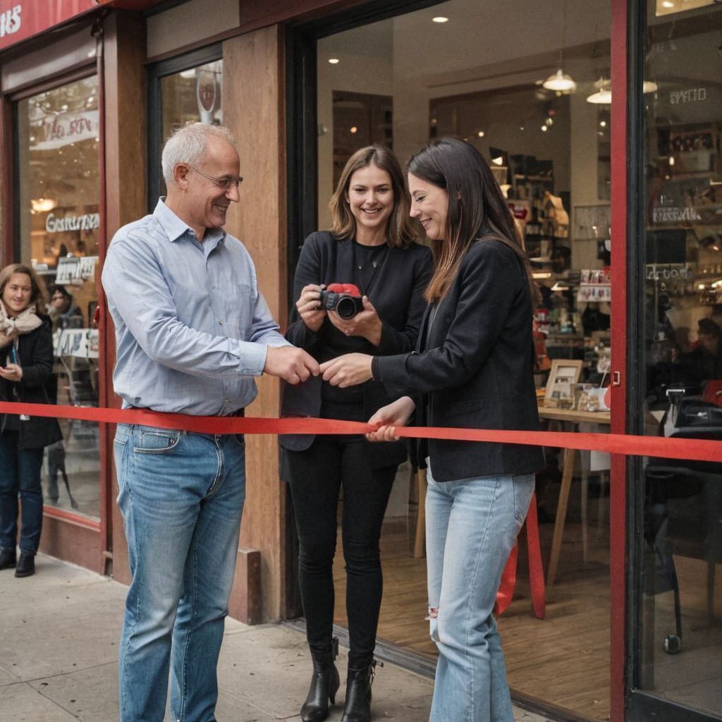 man and women cutting a red ribbon in front of a store