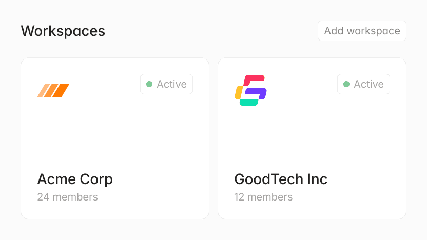 Two active workspaces: Acme Corp with 24 members and GoodTech Inc with 12 members.