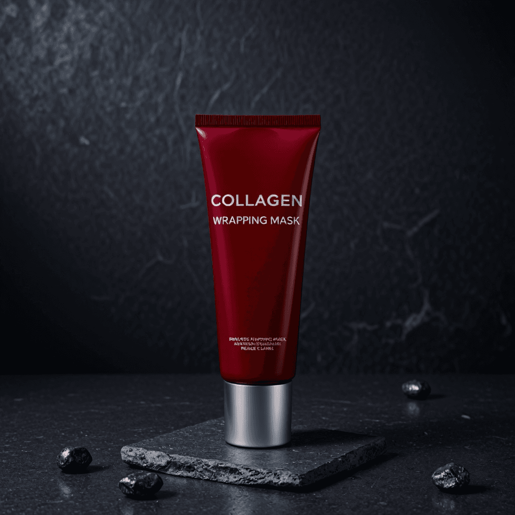 product photography of tube of collagen wrapping mask
