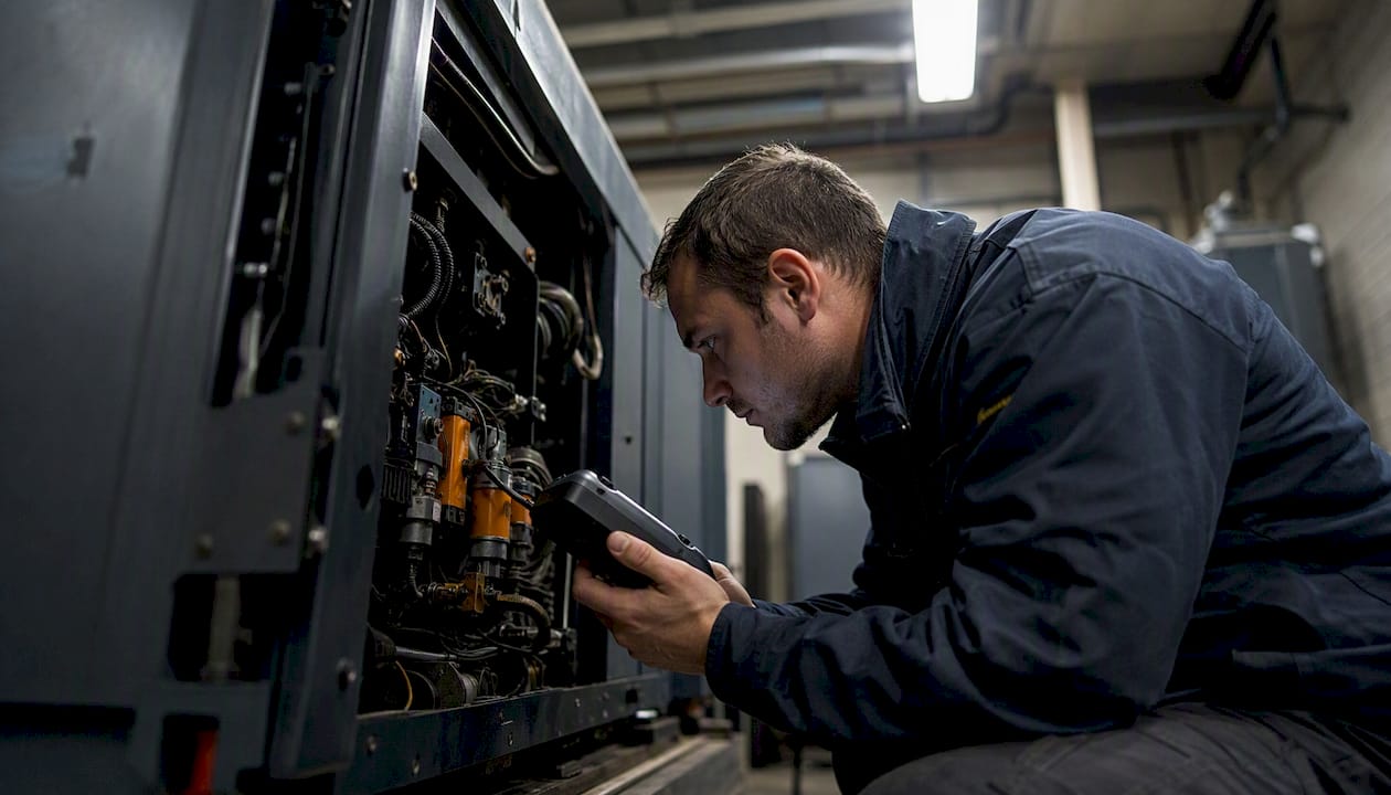 Technician inspecting HVAC equipment with diagnostic tool