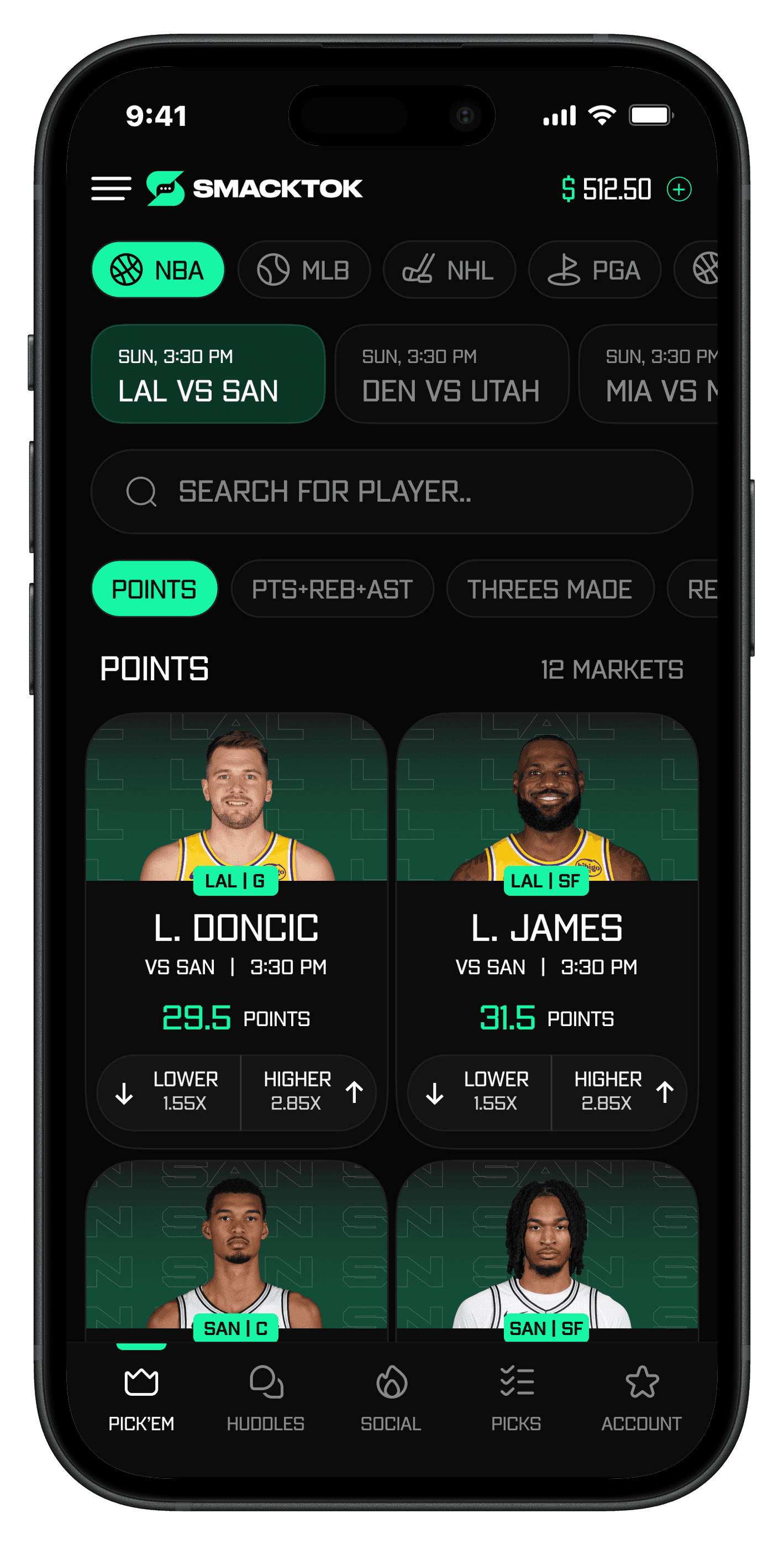 SmackTok daily fantasy sports app showing live NBA matchups and player stats