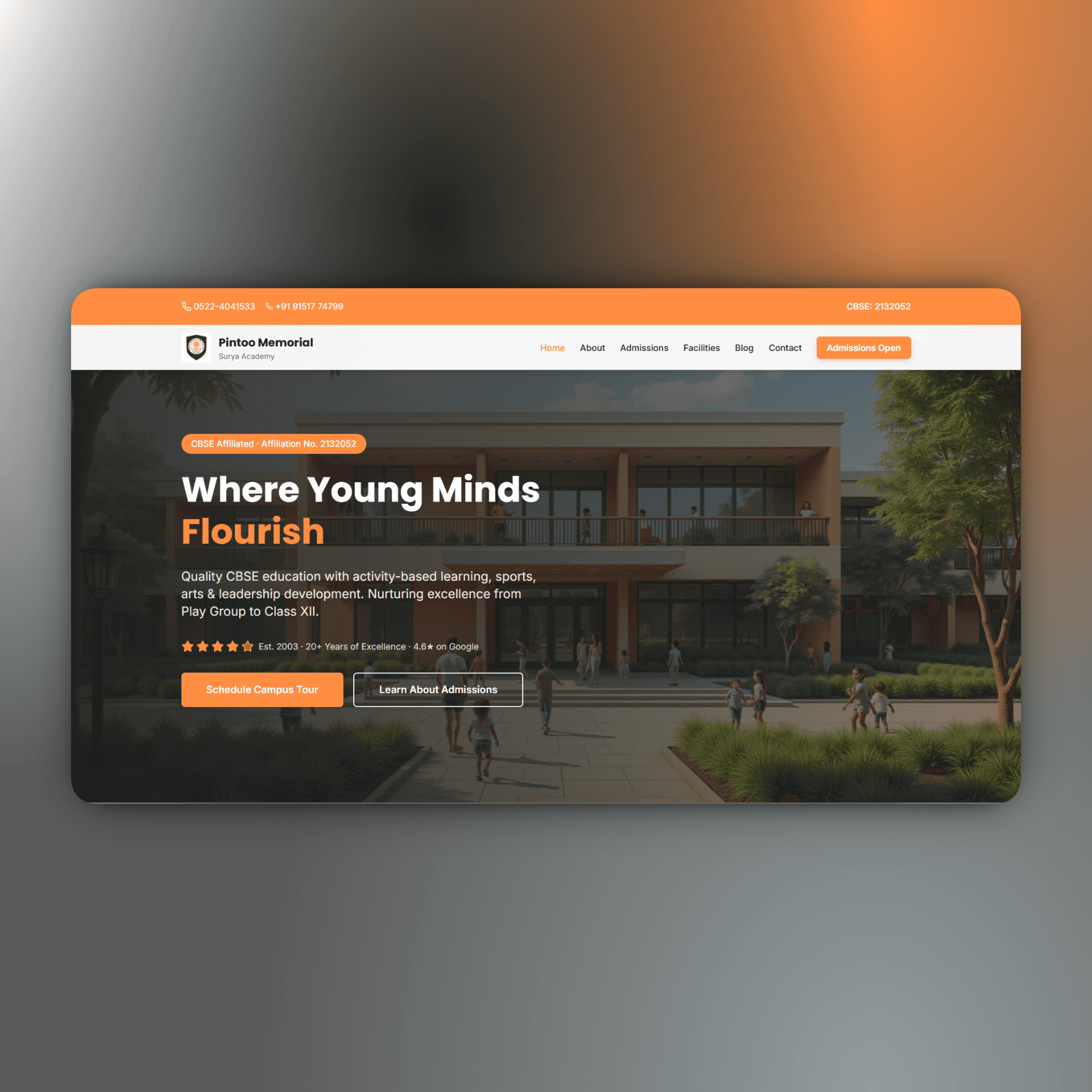 CBSE School Website developed by Clicknify presented in screenshot with multicolor gradient background