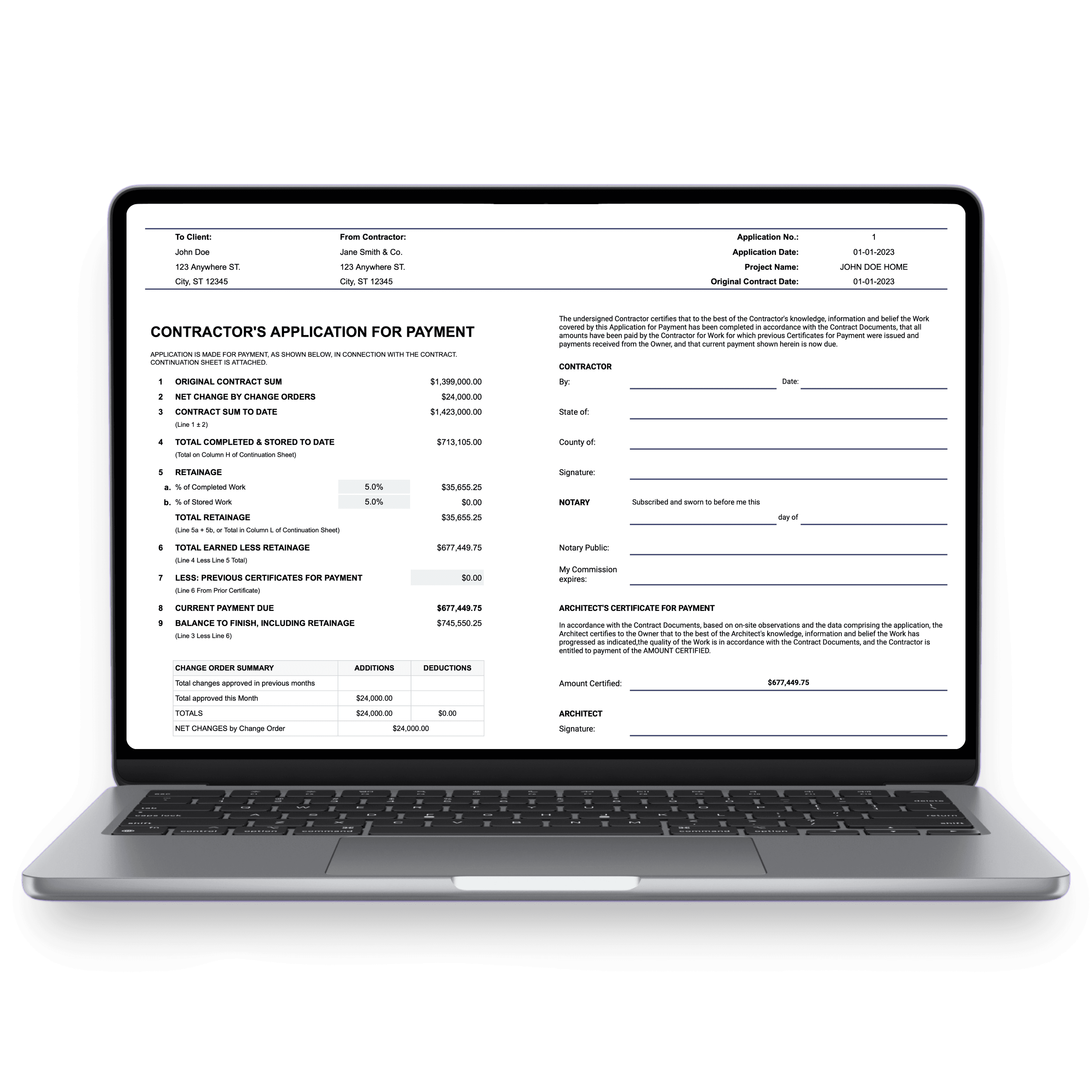 Laptop mockup of Schedule of Values template showing Contractor’s Application for Payment style form with contract totals, retainage, and signature fields