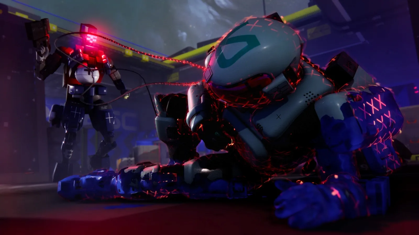 A high-tech robotic figure emits red light cabling to restrain another figure on the ground in a futuristic, industrial sci-fi setting.