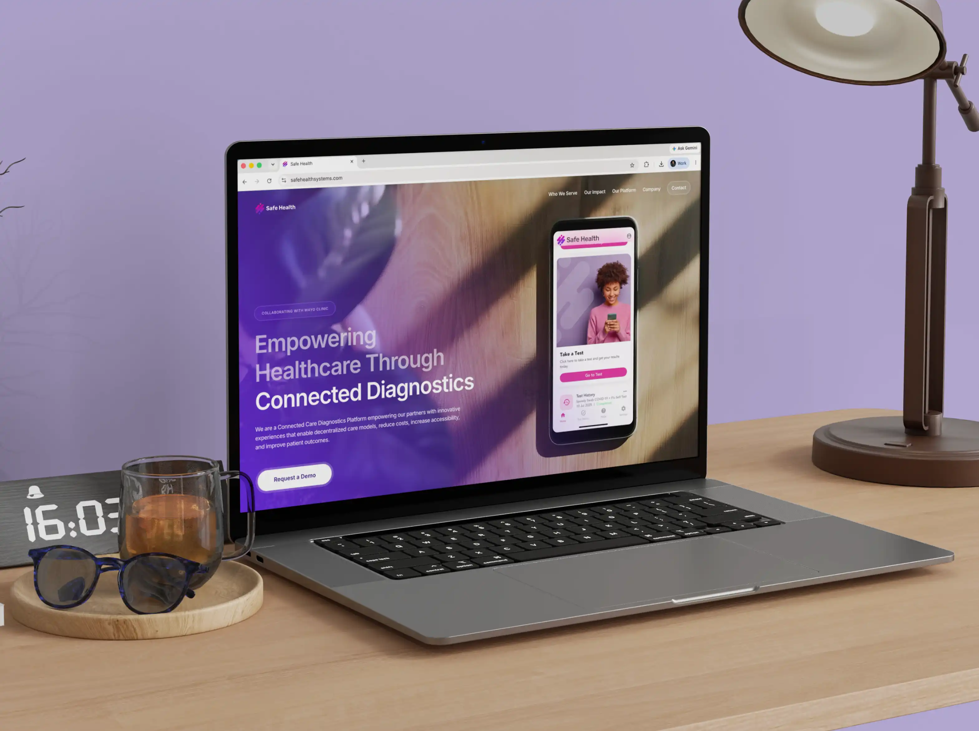 Safe Health homepage on a laptop, featuring purple branding and a mobile app preview.