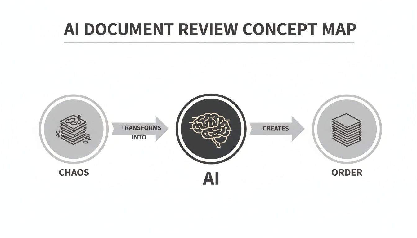 A concept map showing AI transforming chaotic documents into an organized, ordered state for review.