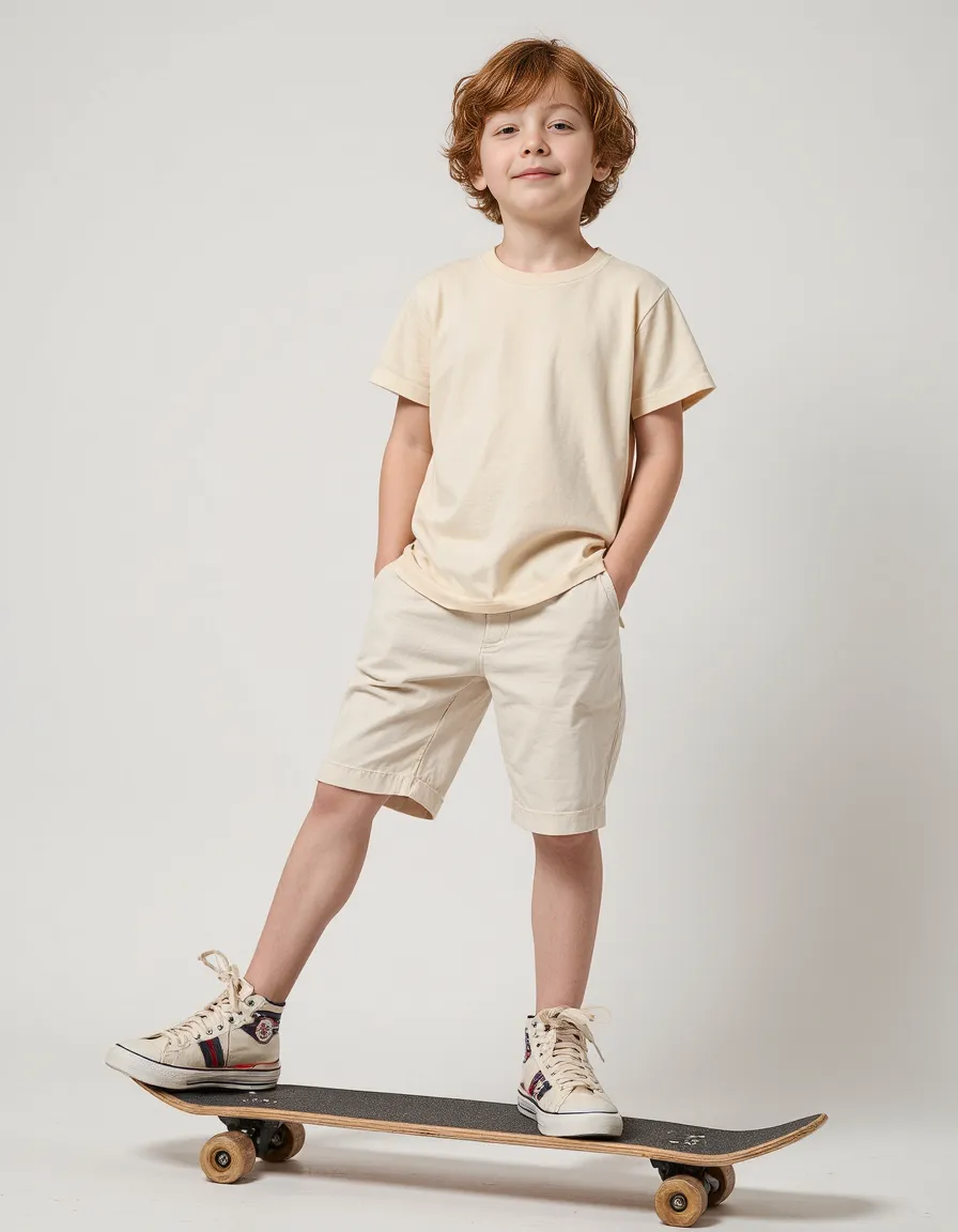 Child in cream-colored outfit standing on skateboard against white background, showcasing minimalist summer fashion styling