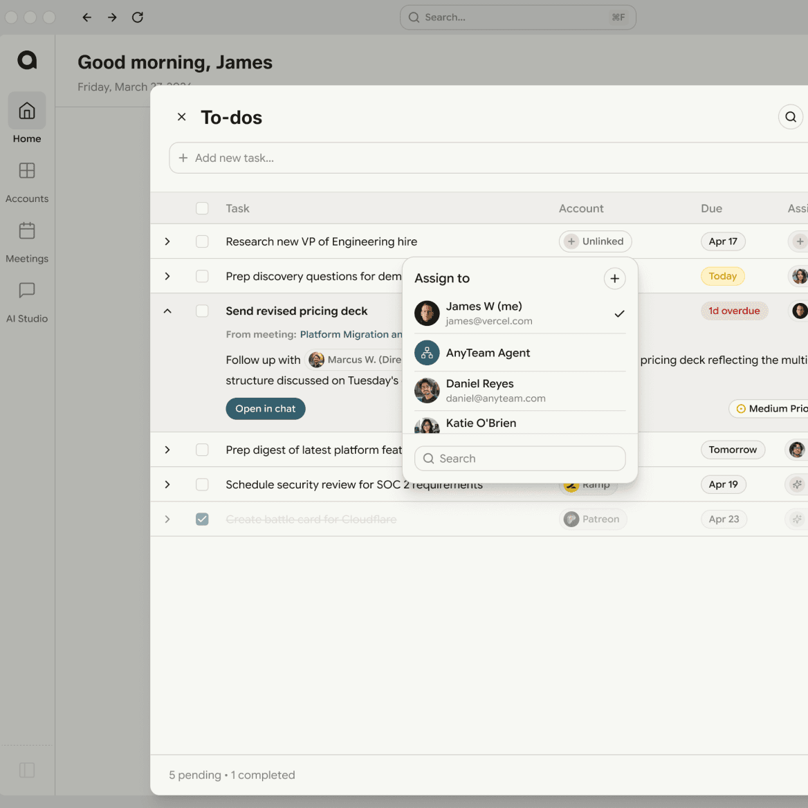 Post-call tasks interface