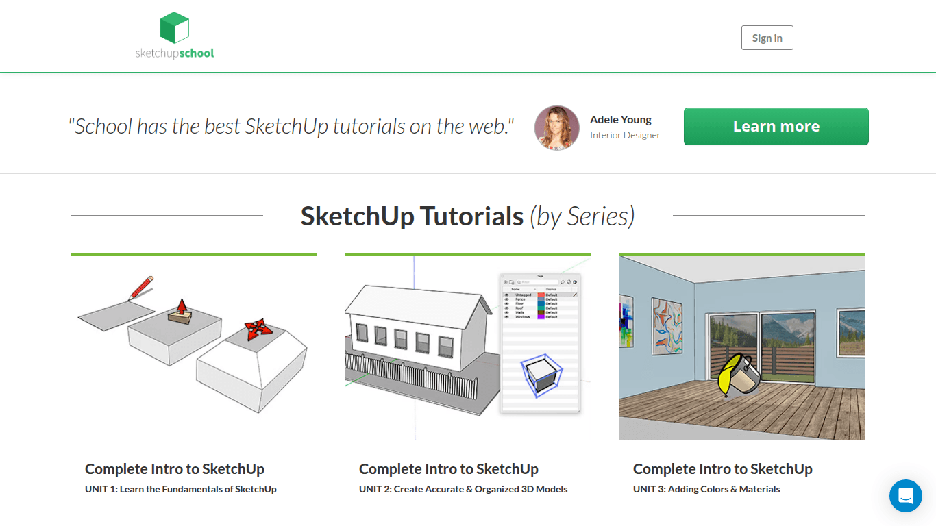 SketchUp School tutorial series covering fundamentals, organized models, colors, and materials.