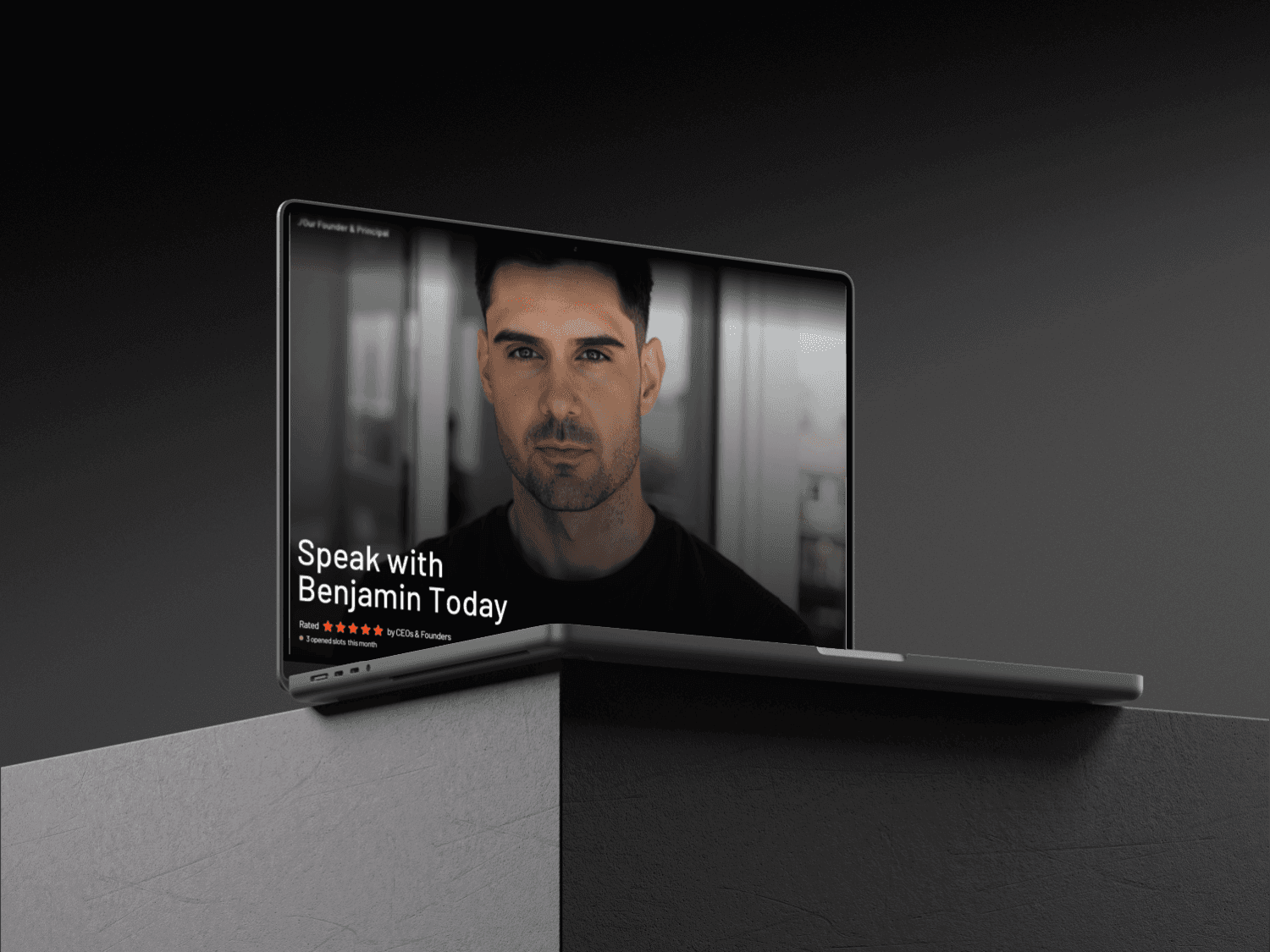 Laptop featuring the Antidote founder’s portrait with the call-to-action “Speak with Benjamin Today,” emphasizing trust, expertise, and direct personal branding.