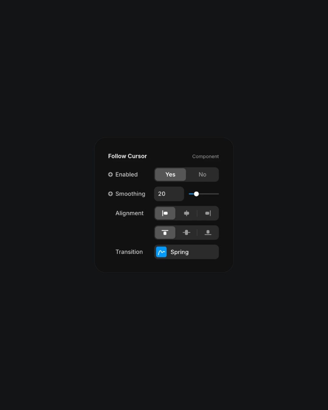 Follow cursor component settings with smoothing and transition controls