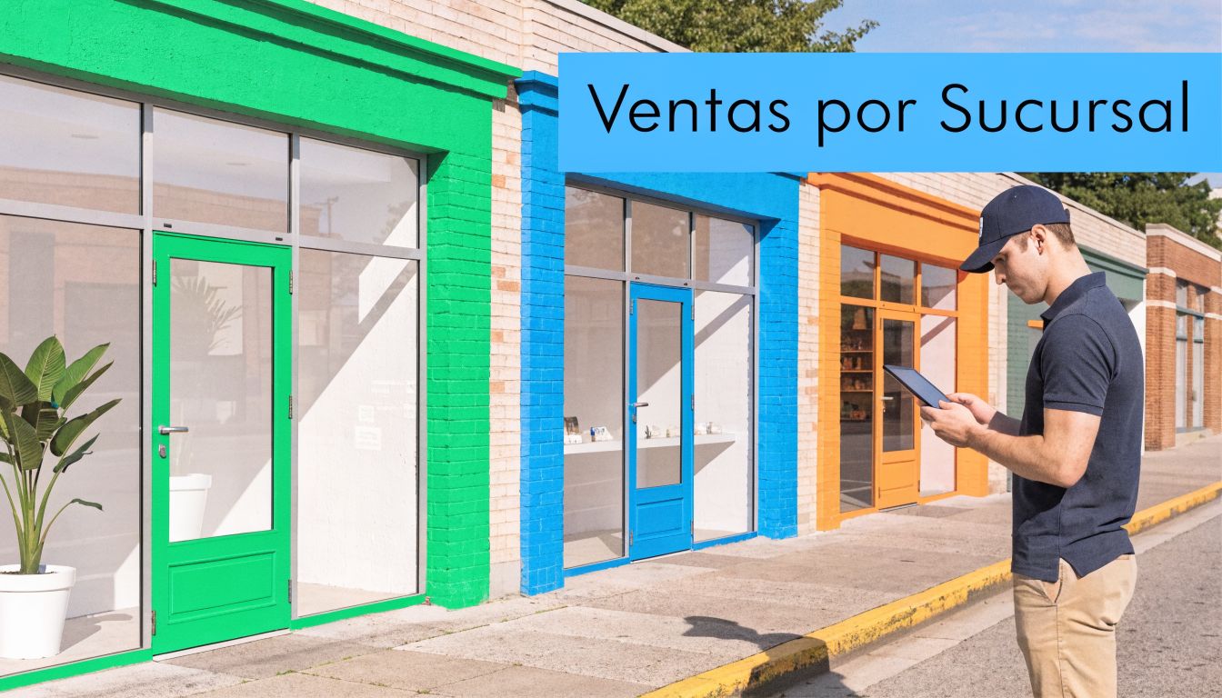 Un empleado observa datos de ventas en una tablet frente a tres fachadas de tiendas coloridas.