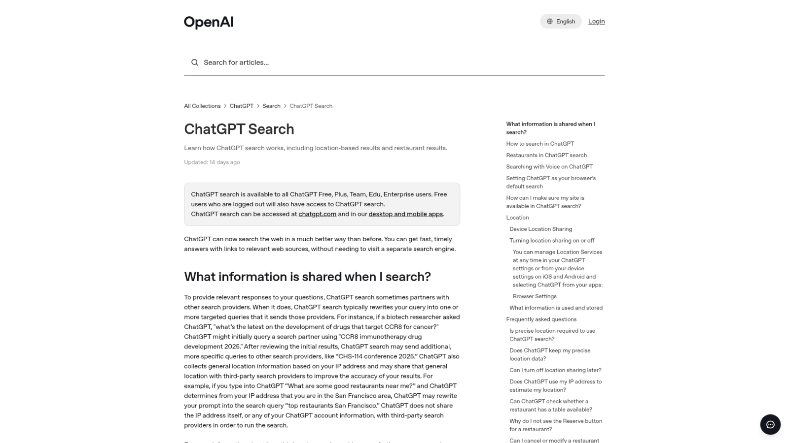 OpenAI Help Center ChatGPT search and citations documentation