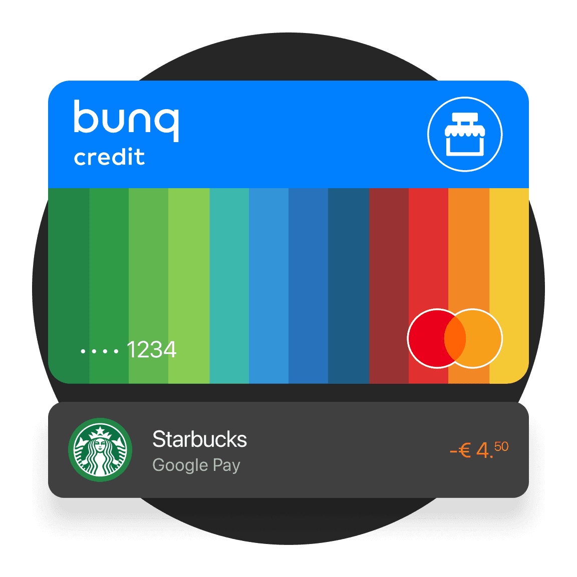 A modern credit card with a blue top and colorful striped design at the bottom, featuring a logo and card details.