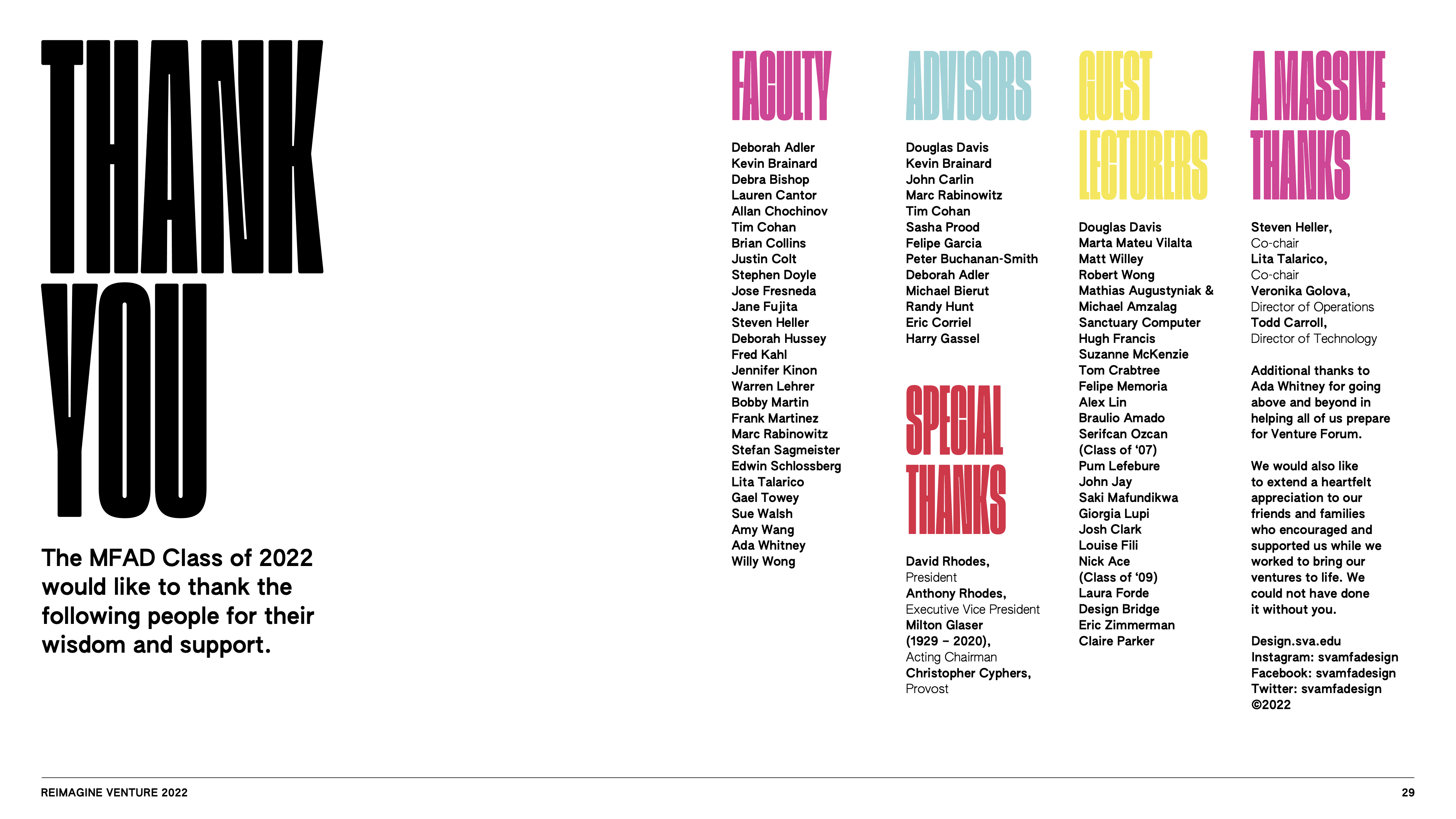 Thank you page from catalog with a list of names