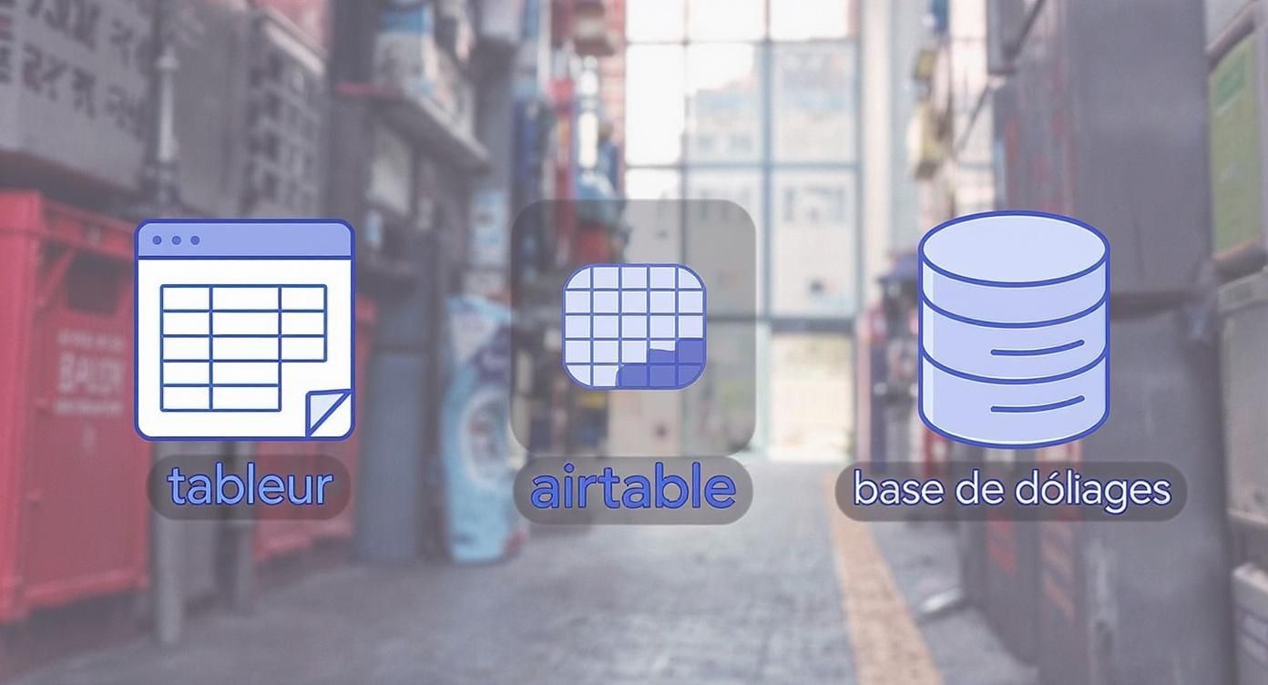 Trois icônes représentant Tableur, Airtable et Base de Données sur fond urbain flou