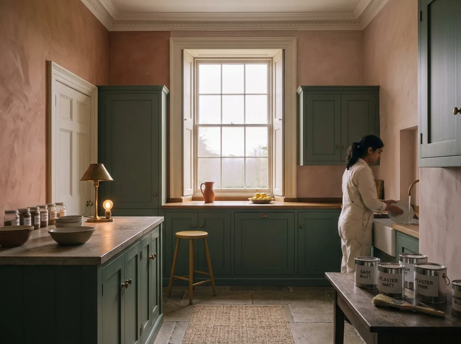 A kitchen in terracotta and plaster pink with sage green cabinets