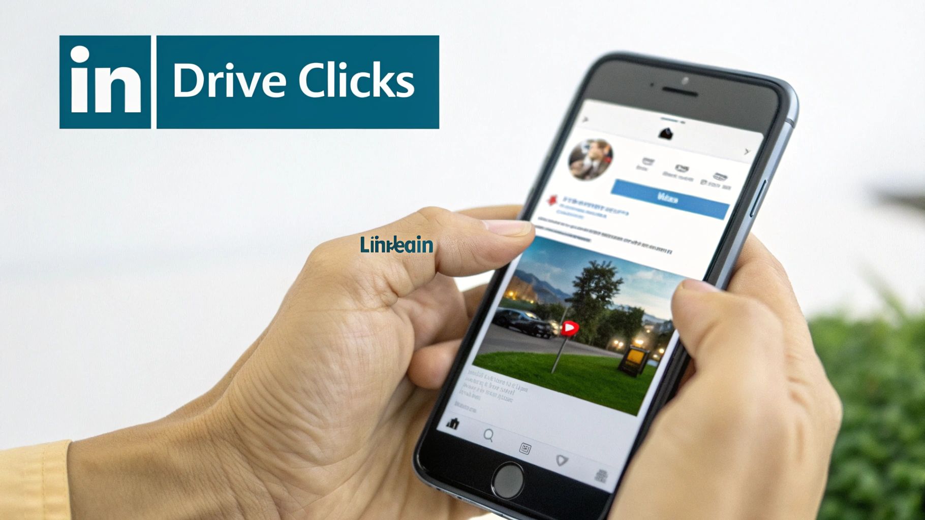 A person holds a smartphone displaying a LinkedIn feed with a video post, next to an 'in Drive Clicks' logo.