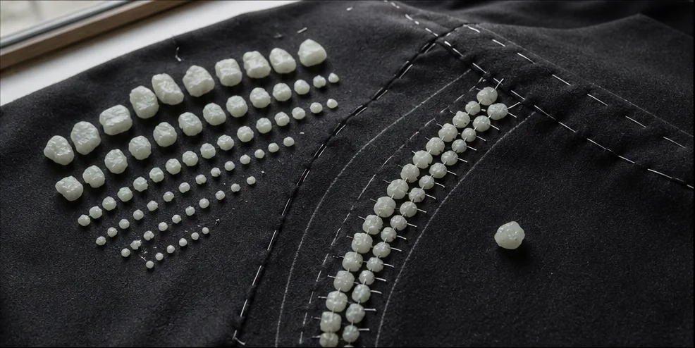 Glow stones sorted by size and temporarily stitched along chalk arcs on black wool.